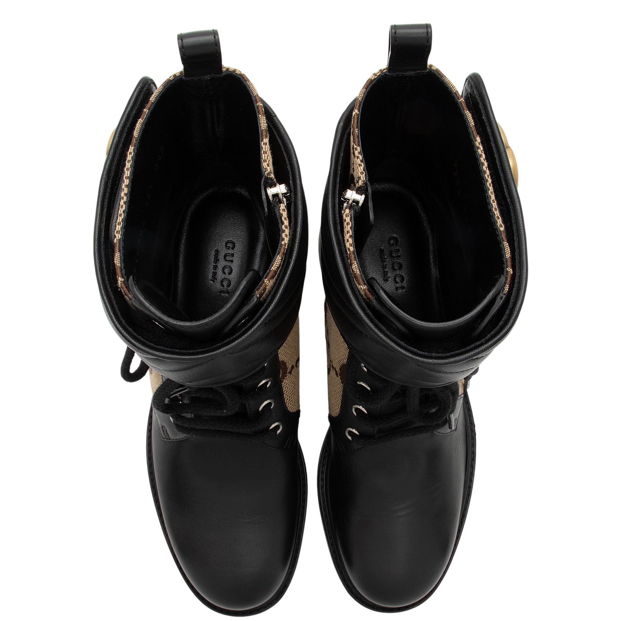 Gucci Jumbo GG Canvas Leather GG Marmont Combat Boots - Size 6.5 / 36.5