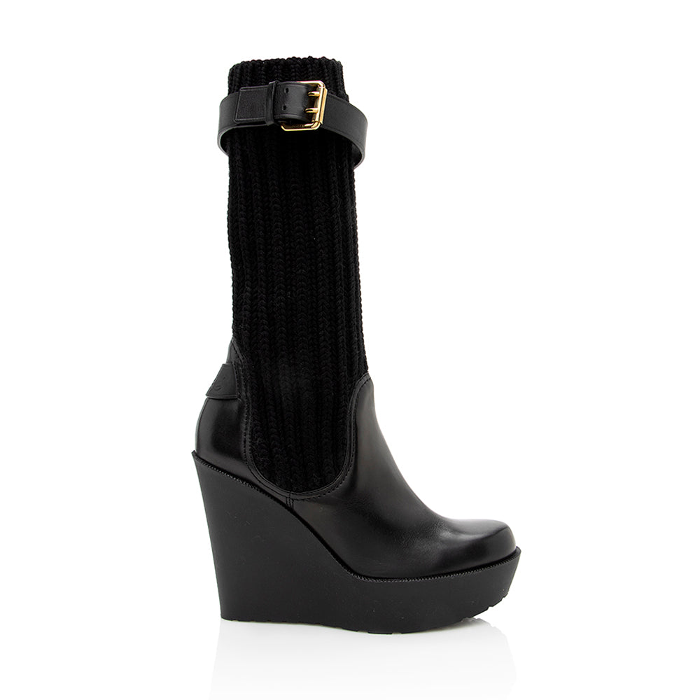 Gucci Leather Buckle Sock Wedge Boots - Size 6 / 36 (SHF-18840)
