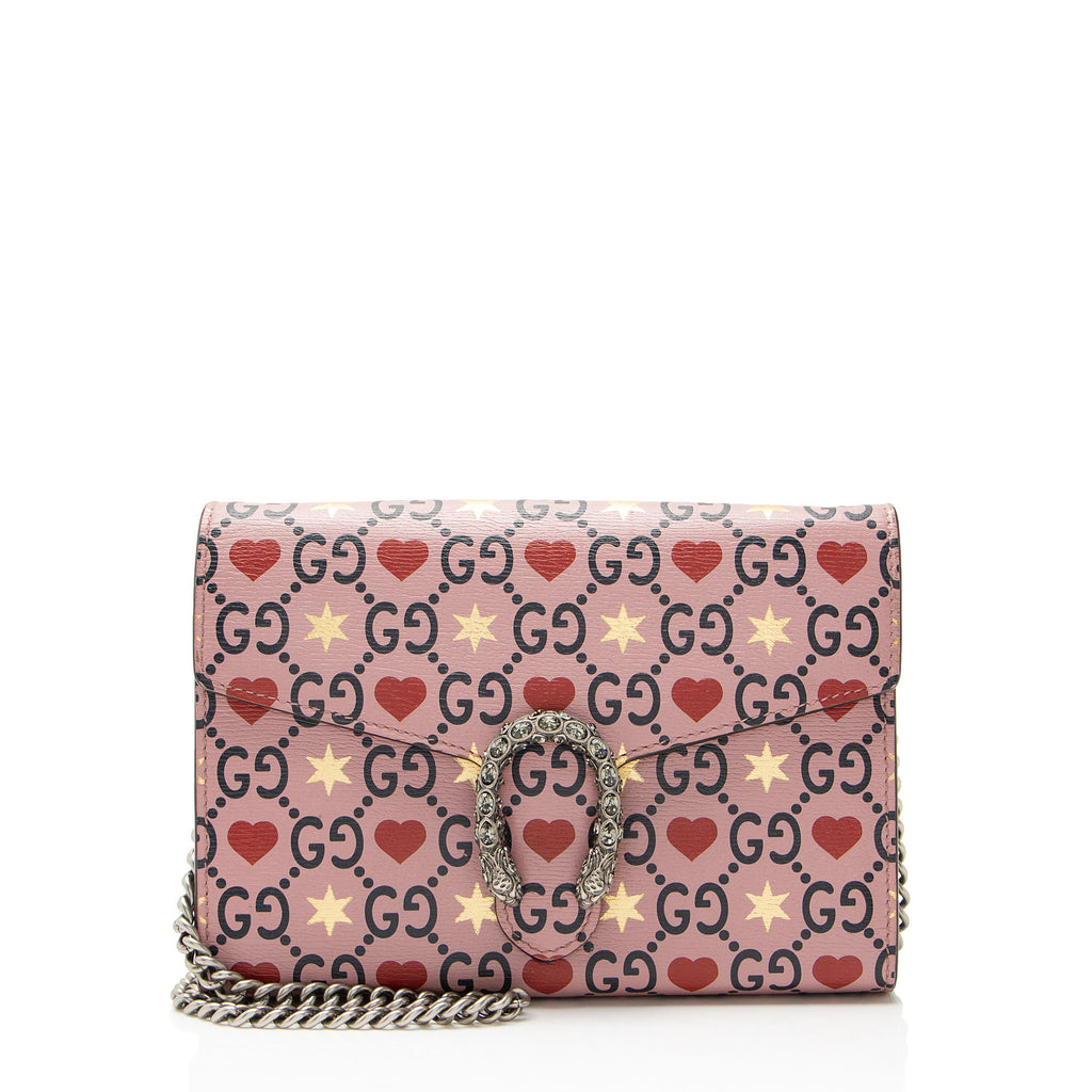 Gucci Leather Crystal Valentines Dionysus Chain Wallet