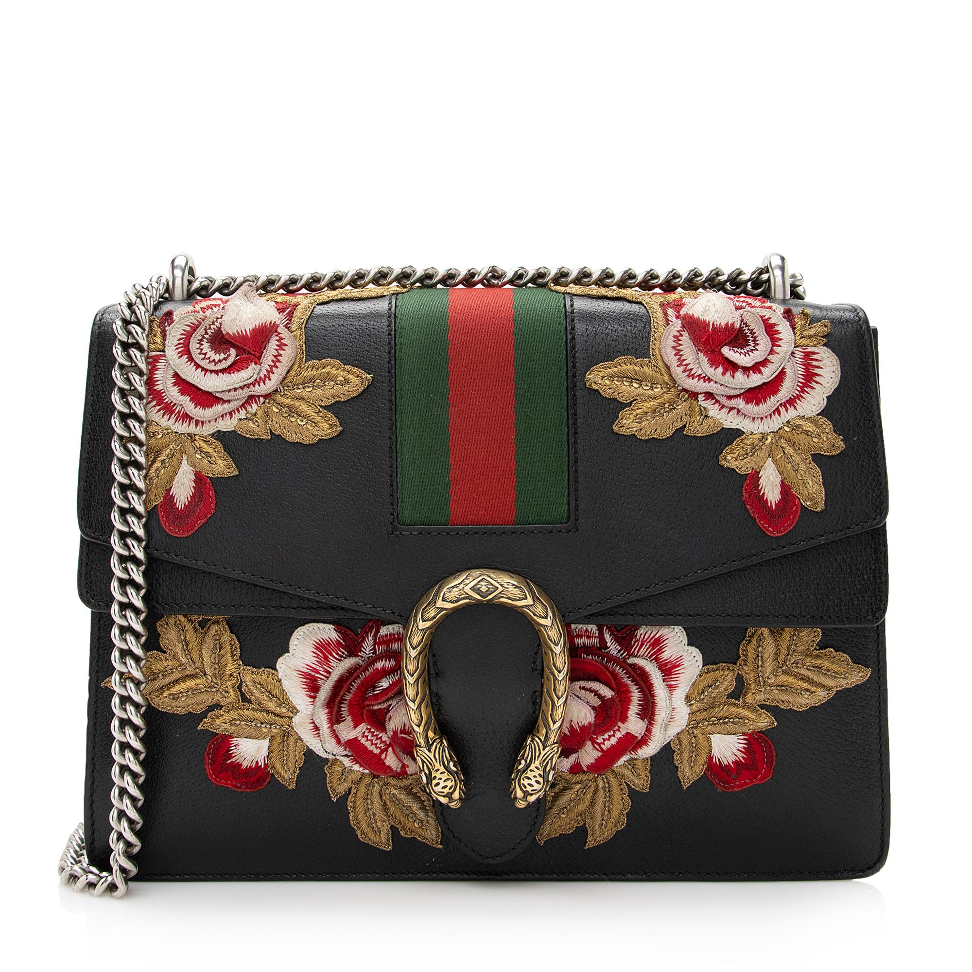 Gucci Leather Embroidered Rose Dionysus Medium Shoulder Bag (SHF-22427)