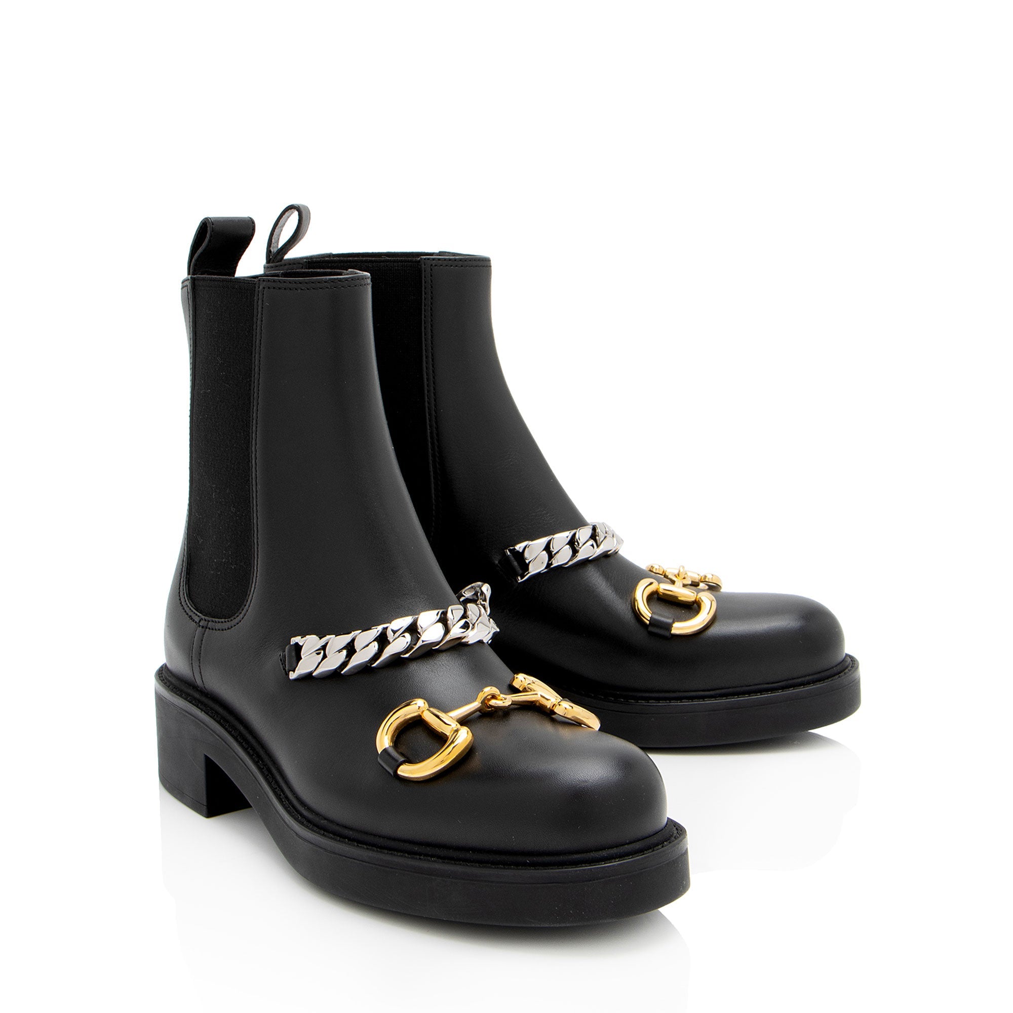 Gucci Leather Horsebit Chain Ankle Boots - Size 7 / 37