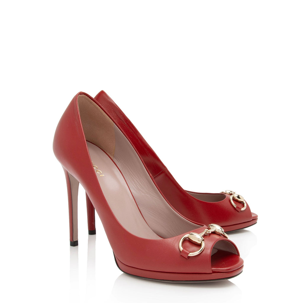Gucci Leather Horsebit Peep Toe Pumps - Size 7 / 37 (SHF-AxyIGd)