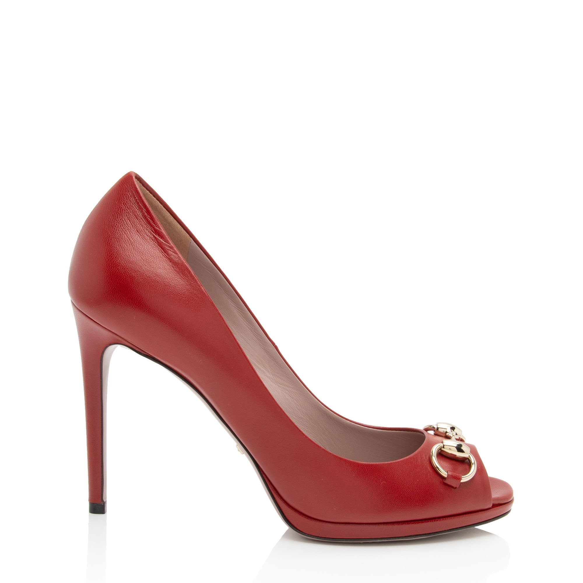 Gucci Leather Horsebit Peep Toe Pumps - Size 7 / 37 (SHF-AxyIGd)