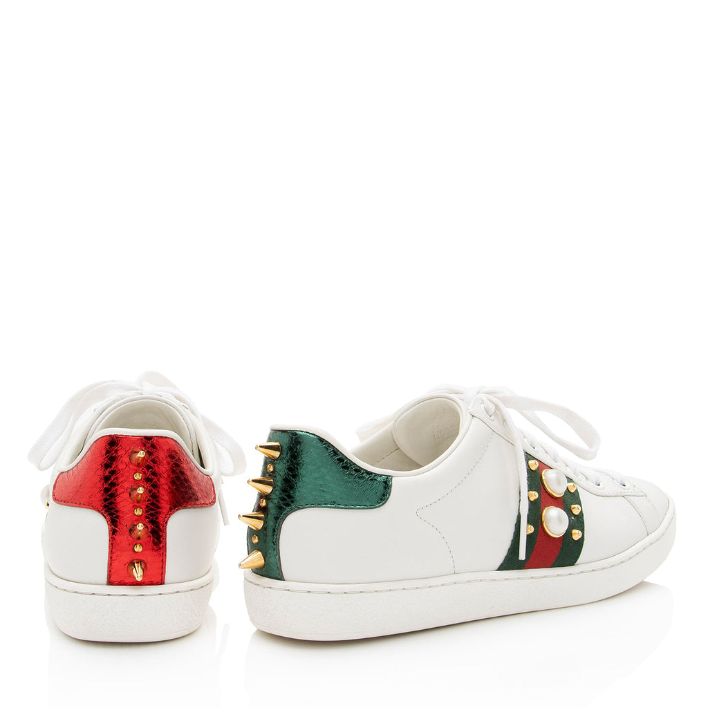 Gucci Leather Pearl Studded Web Ace Sneakers - Size 7 / 37 (SHF-gBzTiz)