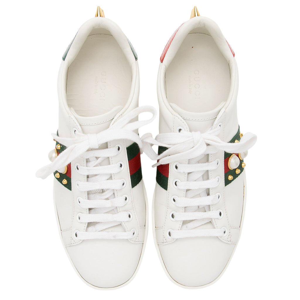 Gucci Leather Pearl Studded Web Ace Sneakers - Size 7 / 37 (SHF-gBzTiz)
