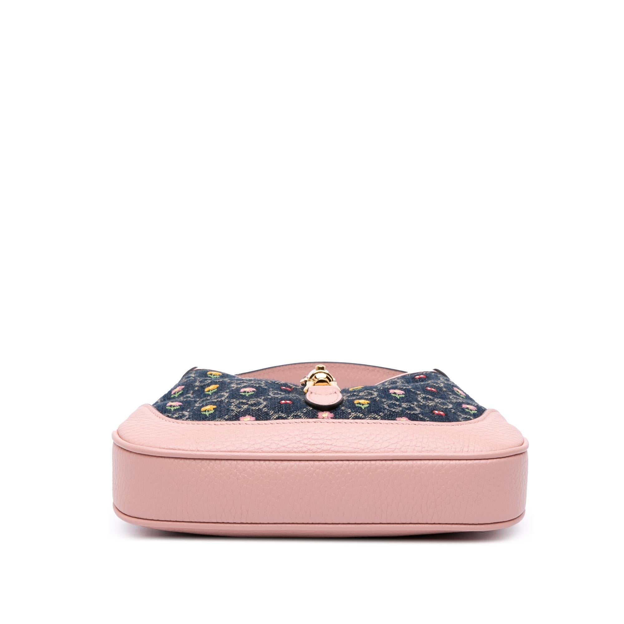 Gucci Limited Edition Mini GG Denim Embroidered Floral Jackie 1961 Crossbody