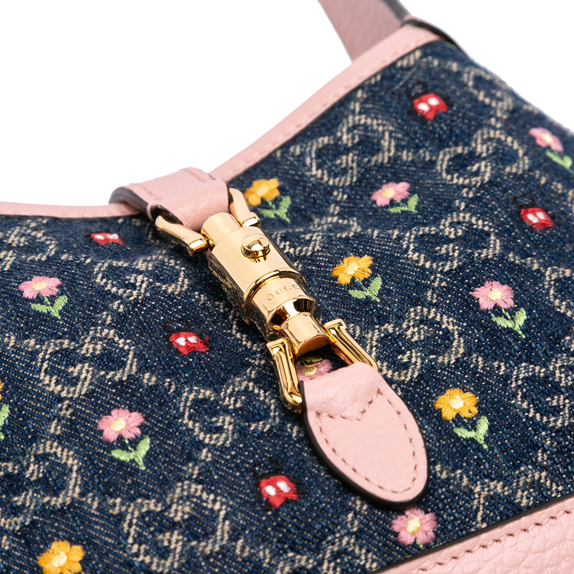 Gucci Limited Edition Mini GG Denim Embroidered Floral Jackie 1961 Crossbody