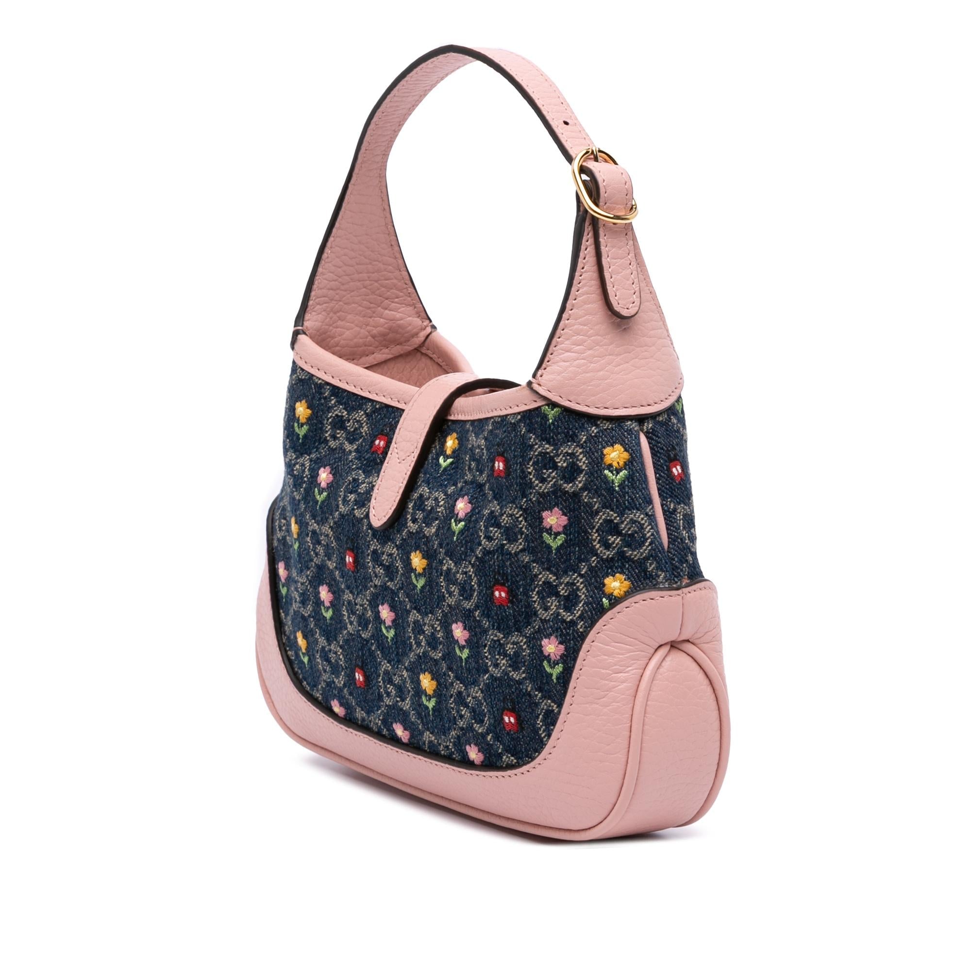 Gucci Limited Edition Mini GG Denim Embroidered Floral Jackie 1961 Crossbody