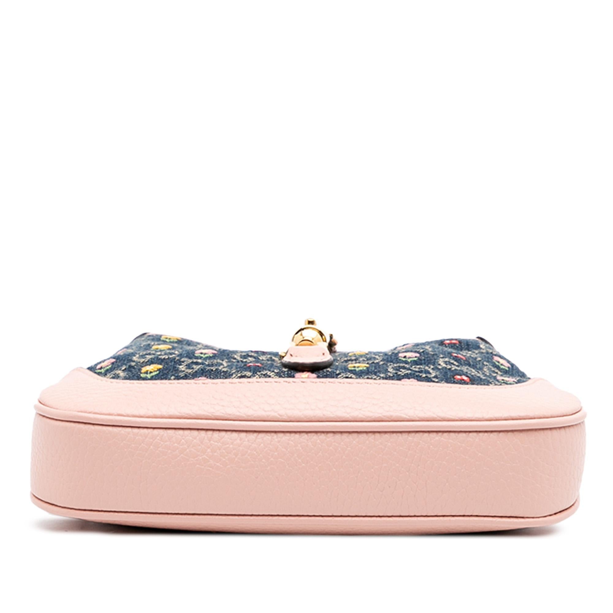 Gucci Limited Edition Mini GG Denim Embroidered Floral Jackie 1961 Crossbody