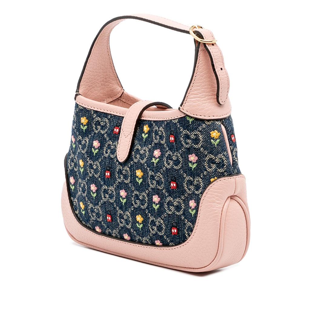 Gucci Limited Edition Mini GG Denim Embroidered Floral Jackie 1961 Crossbody