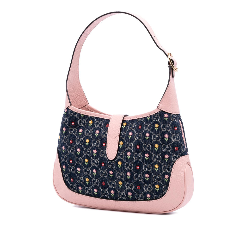 Gucci Limited Edition Small GG Embroidered Denim Floral Jackie 1961 Crossbody