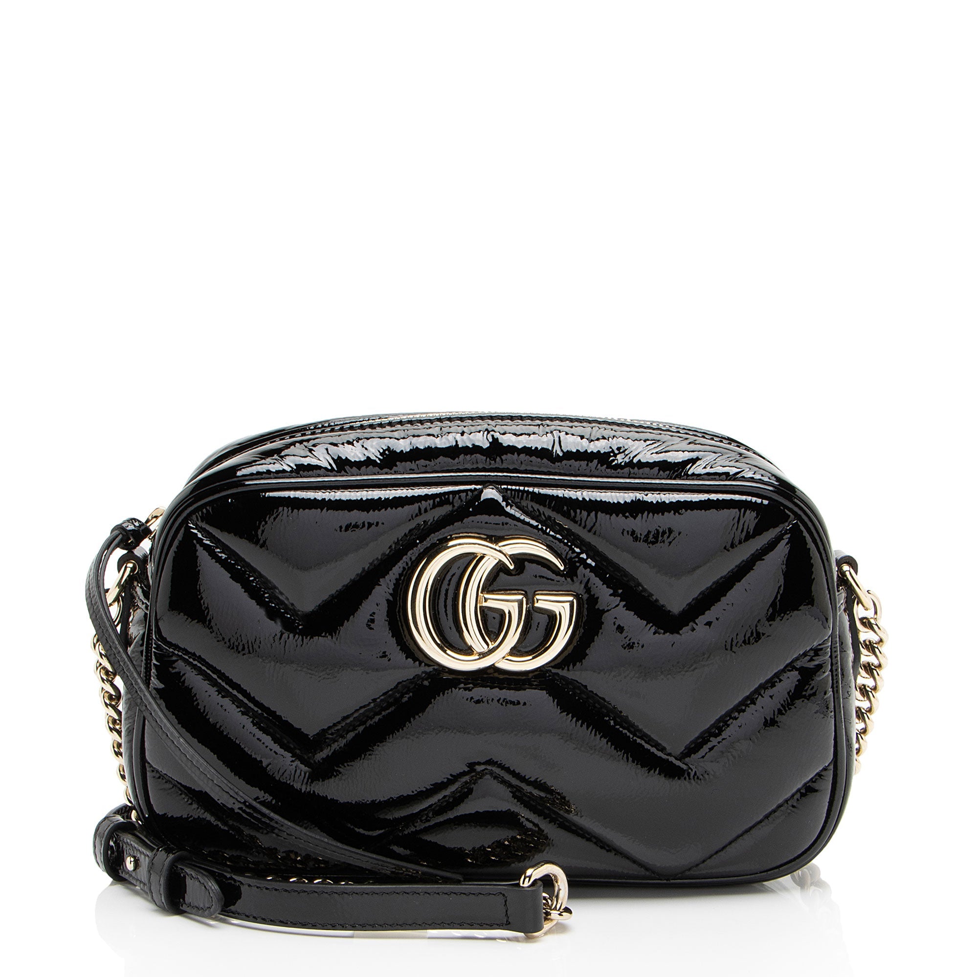 Gucci Matelasse Padded Patent Leather GG Marmont Small Camera Bag