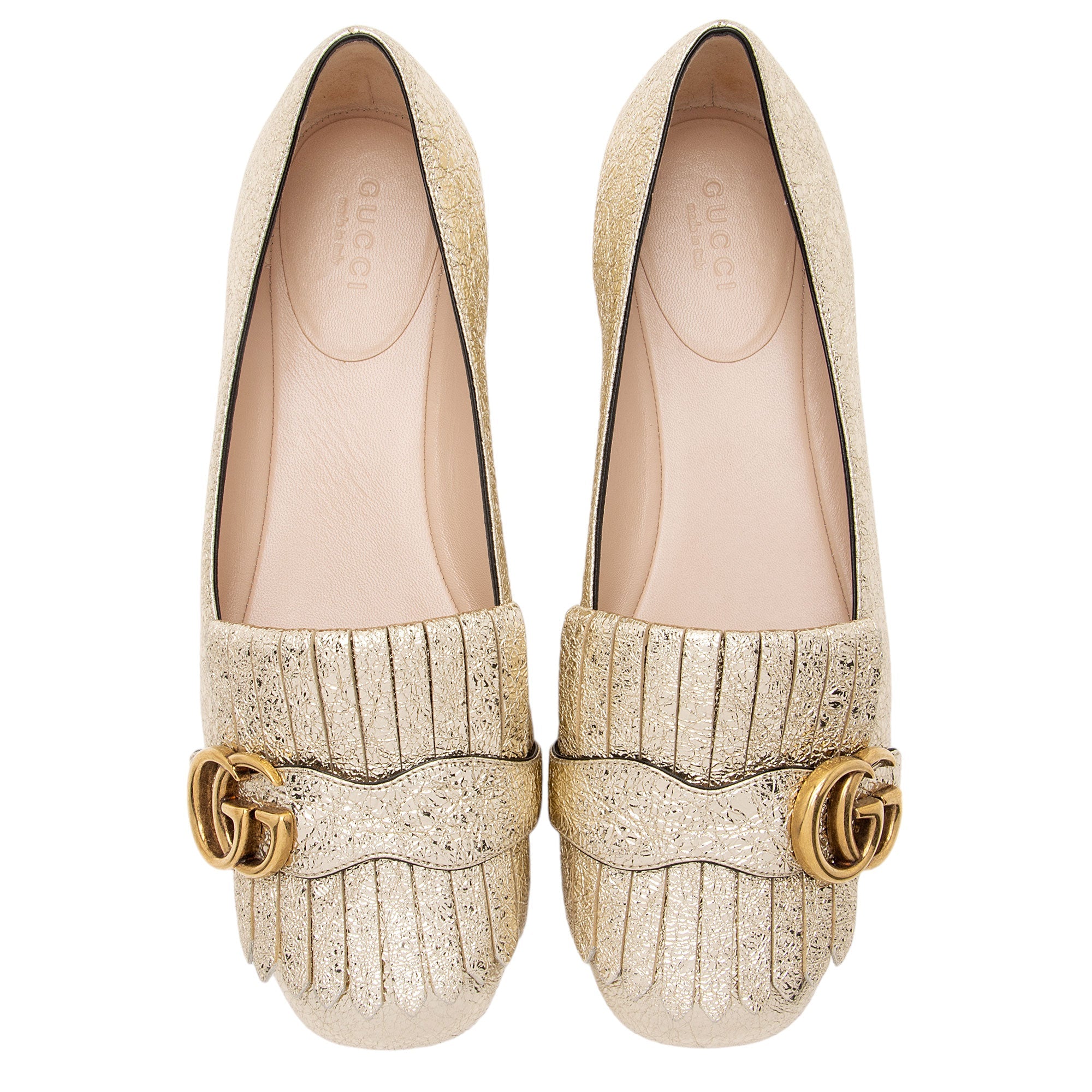 Gucci Metallic Laminate Calfskin GG Marmont Fringe Flats - Size 7 / 37 (SHF-kBjuo2)