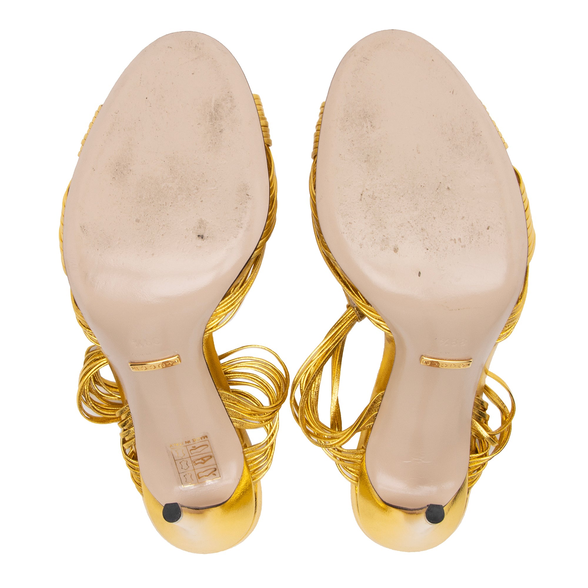 Gucci Metallic Leather Allie Knotted Strappy Sandals - Size 9.5 / 39.5 (SHF-7WQmgZ)
