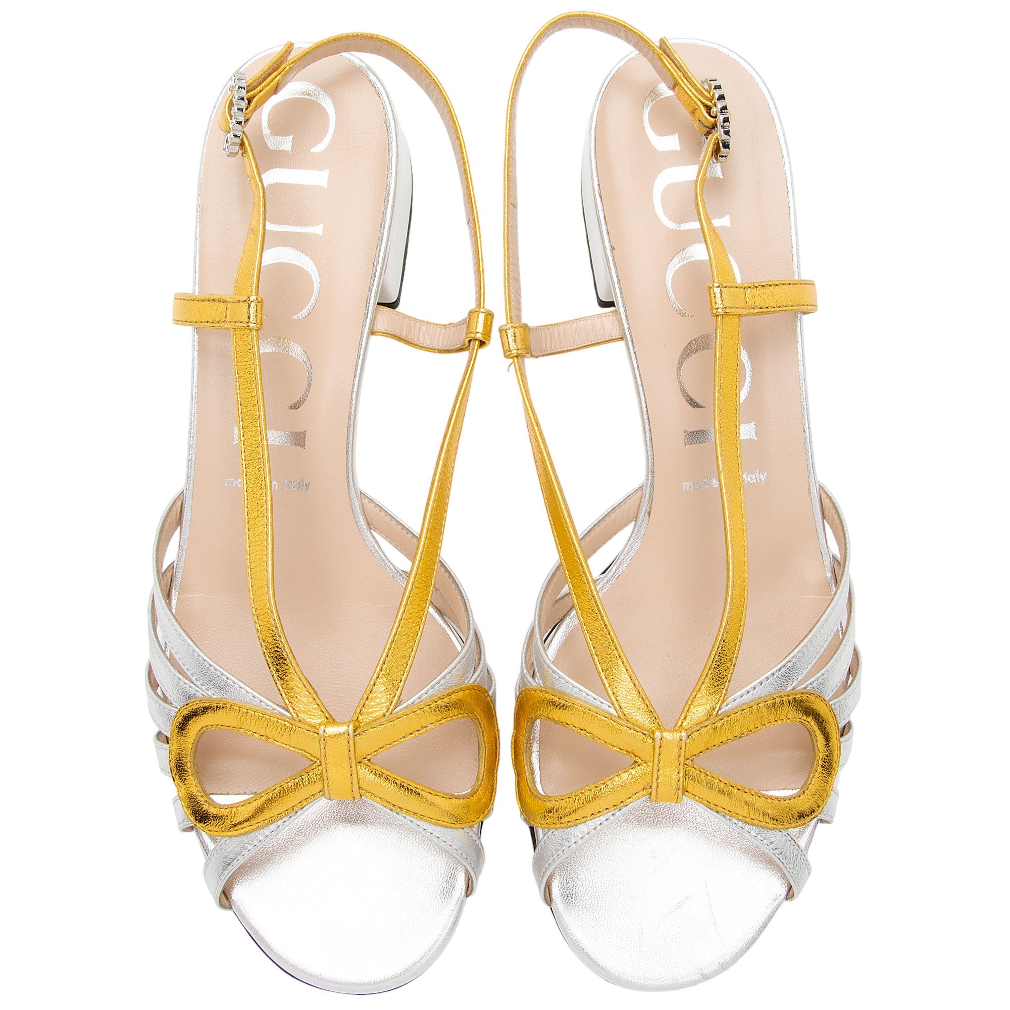 Gucci Metallic Leather Crystal Zephyra Bow Slingback Sandals - Size 8.5 / 38.5 (SHF-W0YUIU)