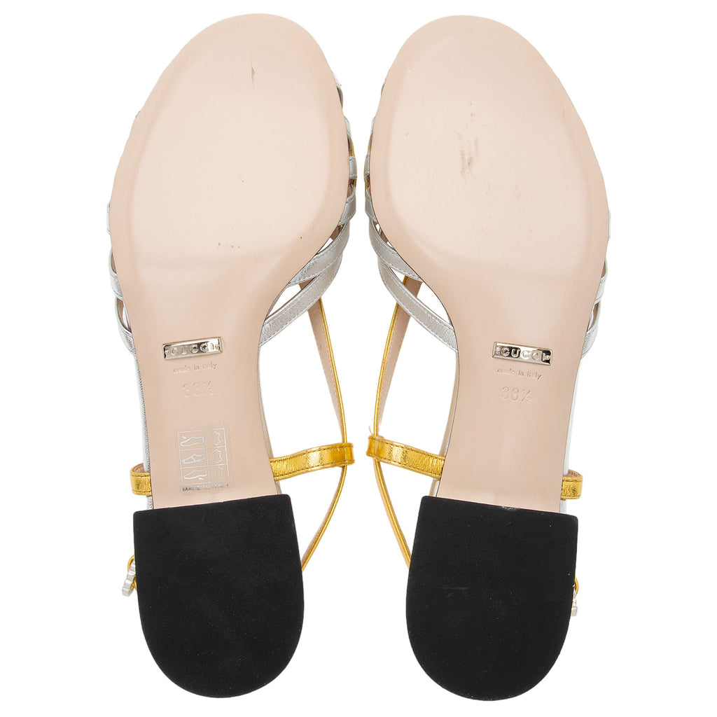 Gucci Metallic Leather Crystal Zephyra Bow Slingback Sandals - Size 8.5 / 38.5 (SHF-W0YUIU)