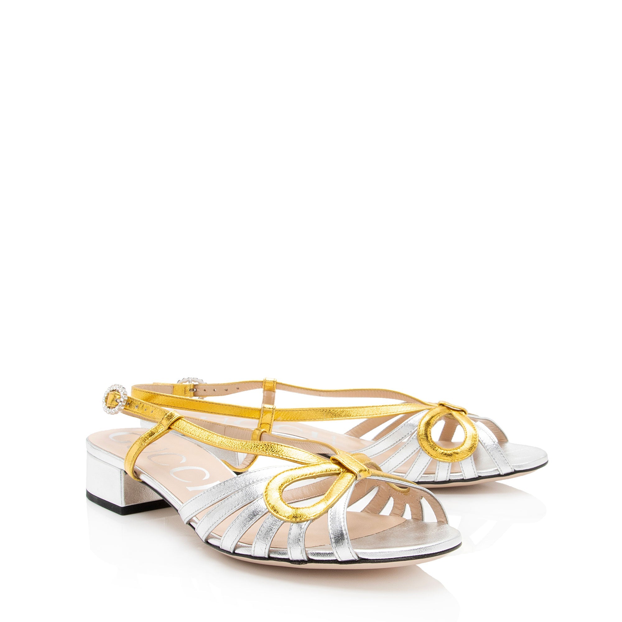 Gucci Metallic Leather Crystal Zephyra Bow Slingback Sandals - Size 8.5 / 38.5 (SHF-W0YUIU)