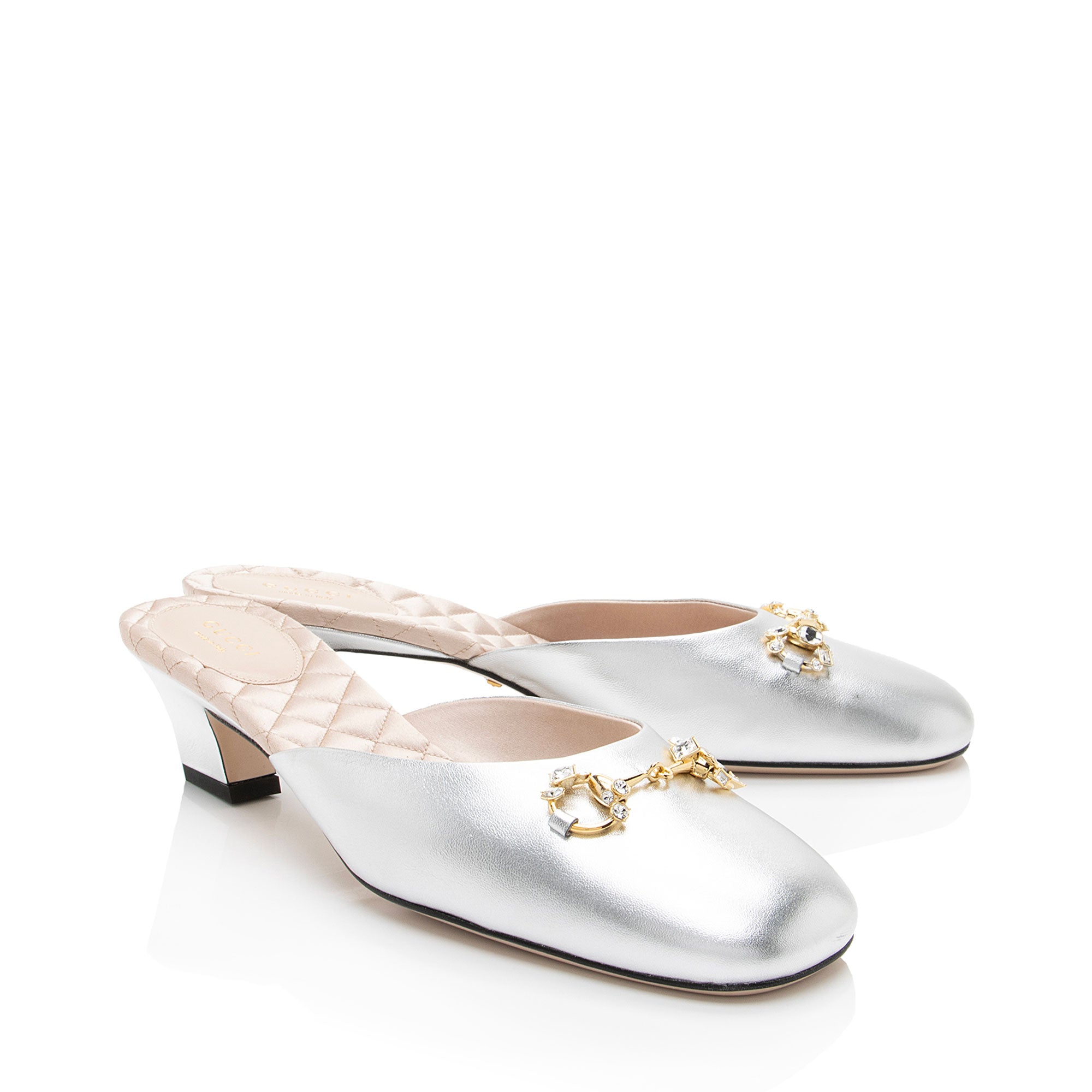 Gucci Metallic Leather Crystal Horsebit Mules - Size 9.5 / 39.5