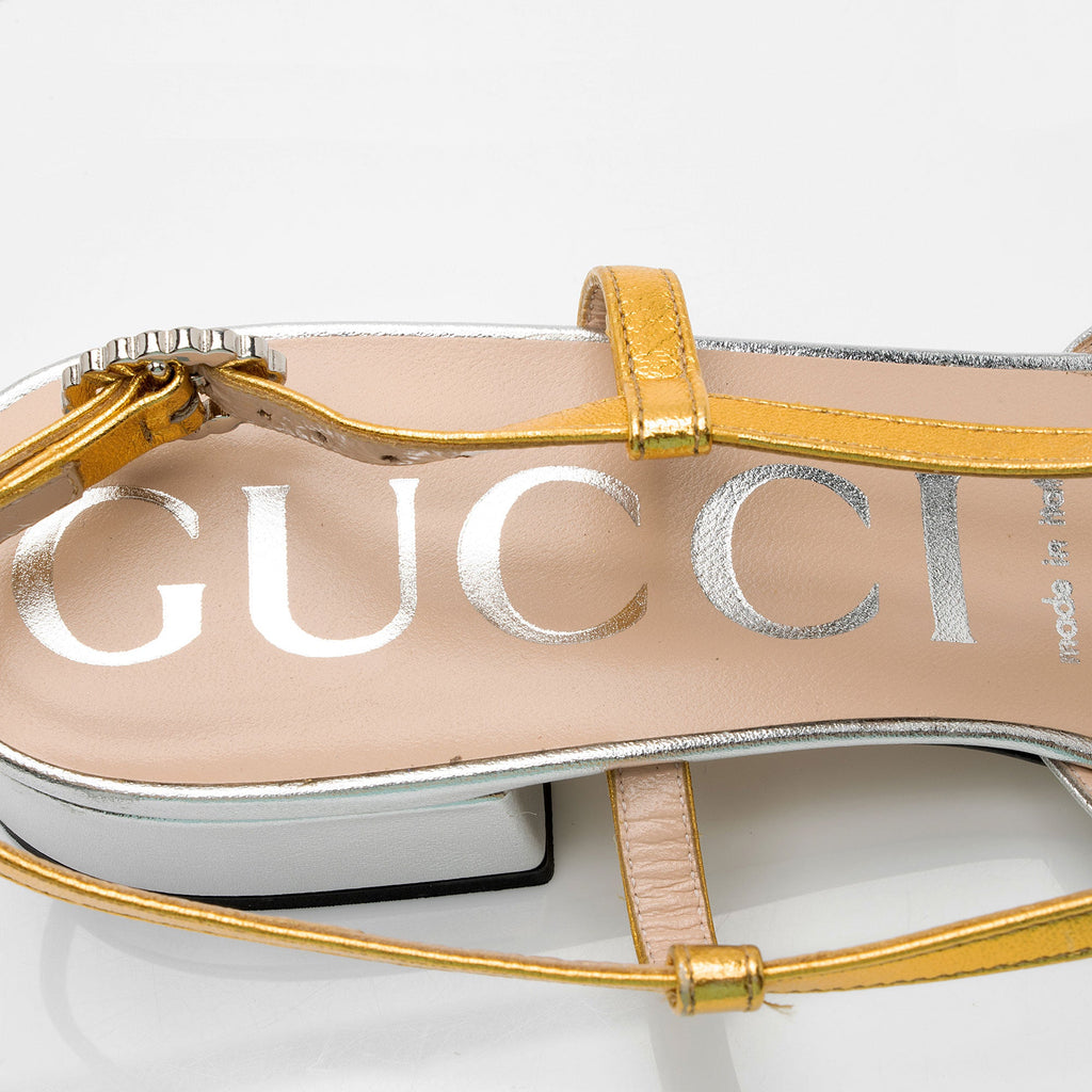 Gucci Metallic Leather Crystal Zephyra Bow Slingback Sandals - Size 8.5 / 38.5 (SHF-W0YUIU)