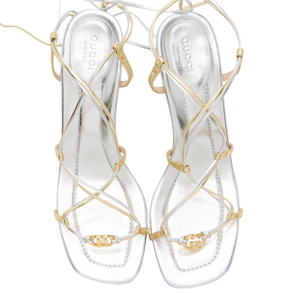 Gucci Metallic Leather Interlocking G Strappy 80 Sandals - Size 10 / 40