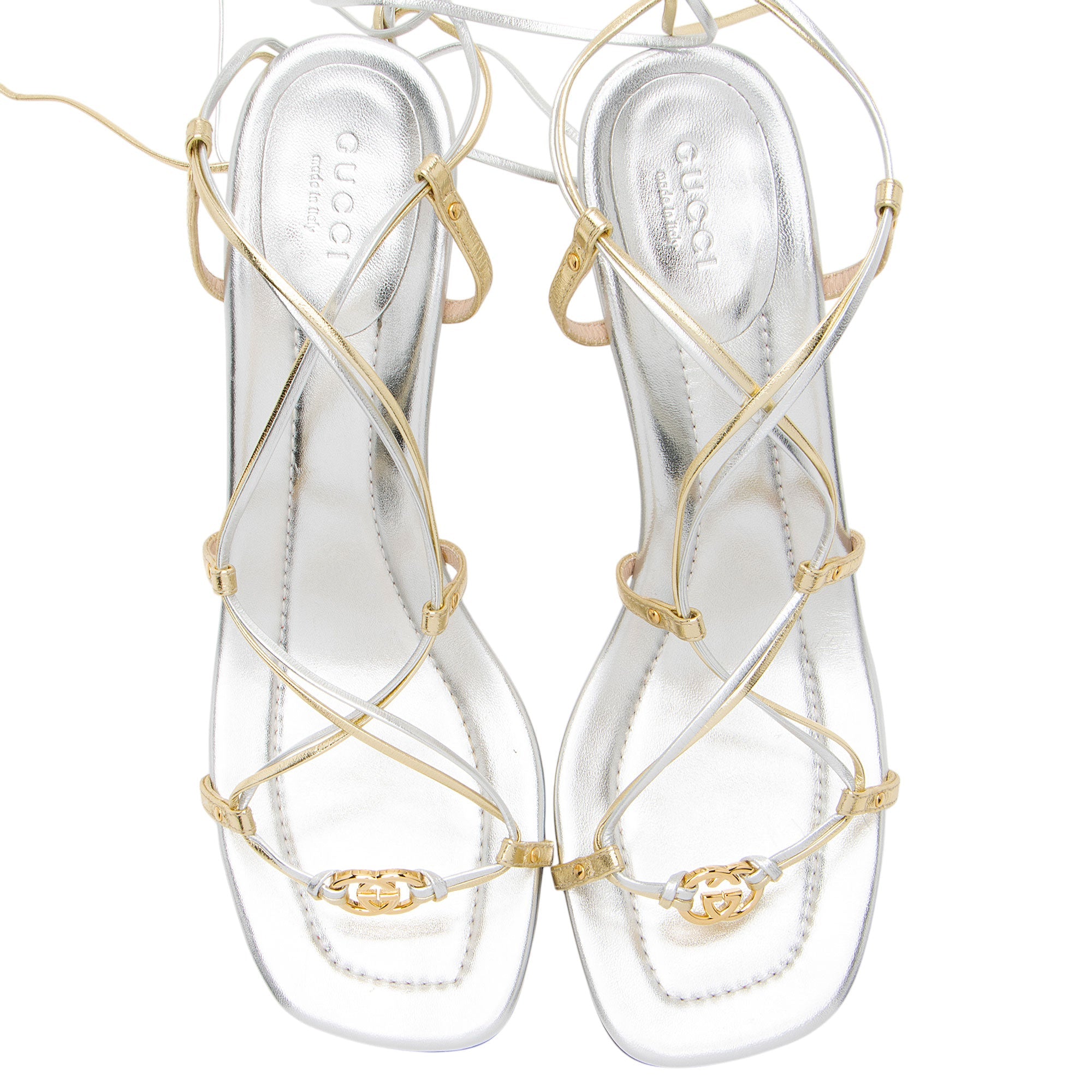 Gucci Metallic Leather Interlocking G Strappy 80 Sandals - Size 10 / 40