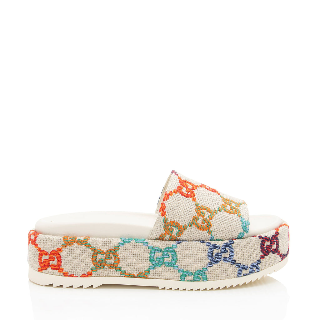 Gucci Multicolor GG Canvas Angelina Slide Platform Sandals - Size 7 / 37