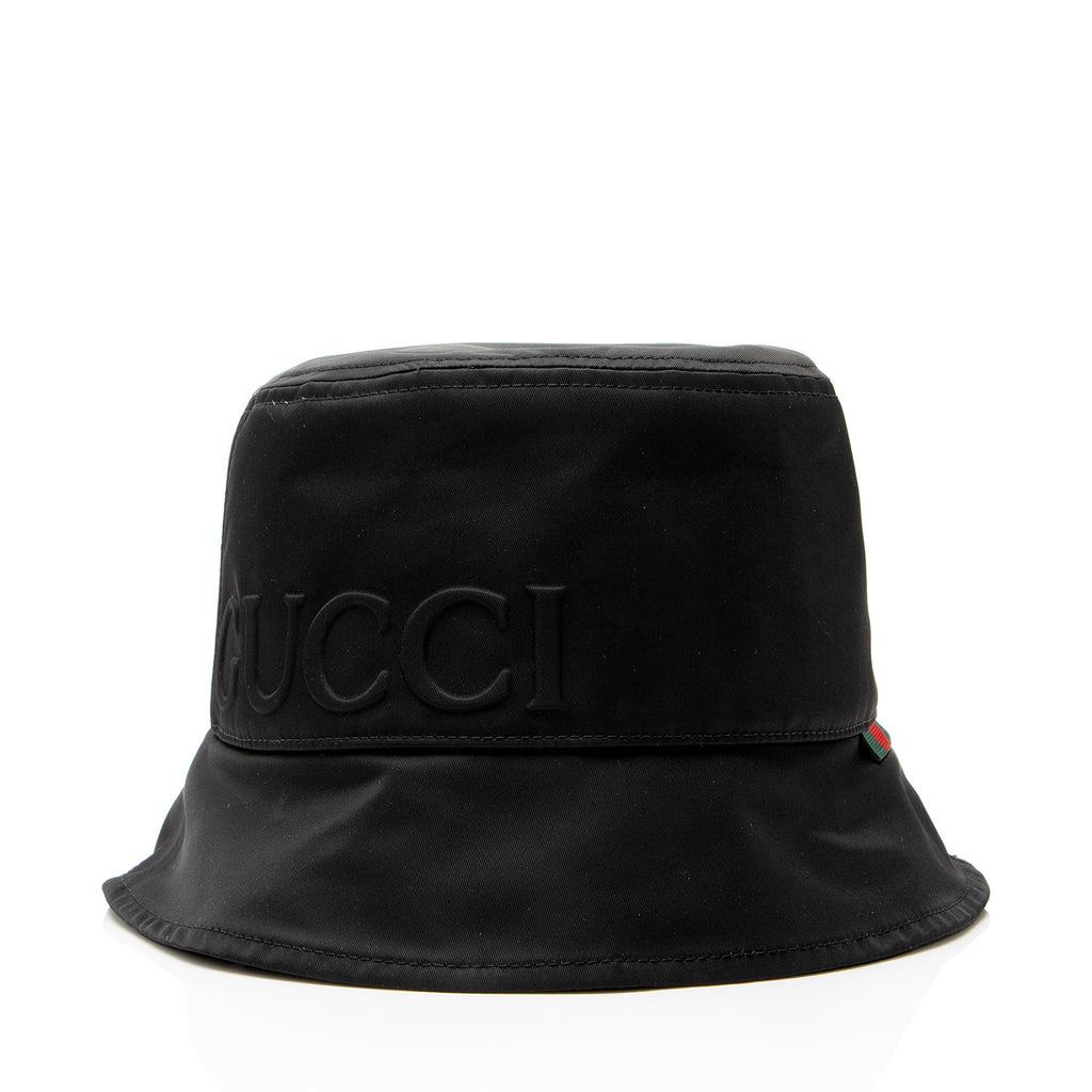 Gucci Nylon Embossed Logo Web Tab Bucket Hat - Size M