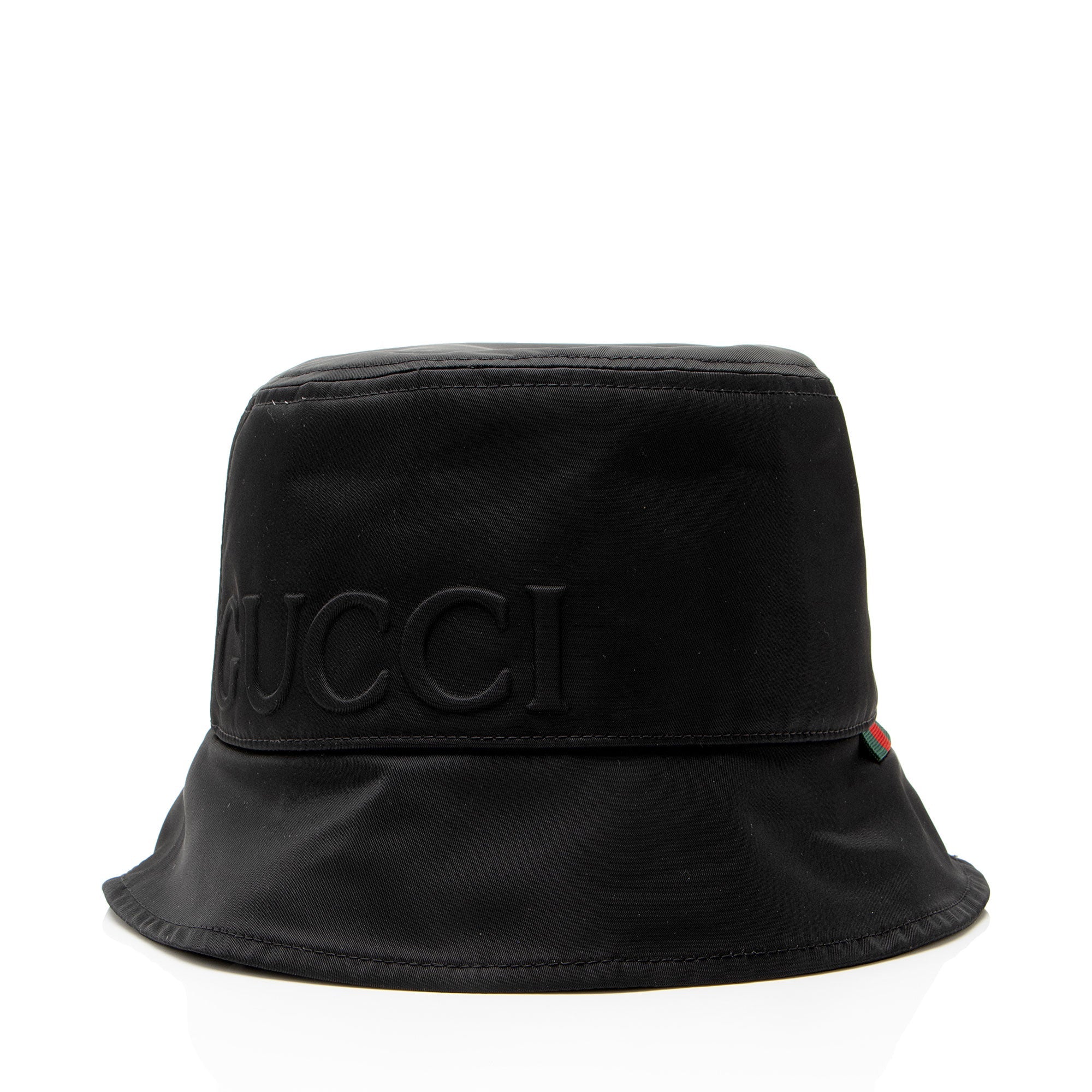 Gucci Nylon Embossed Logo Web Tab Bucket Hat - Size M