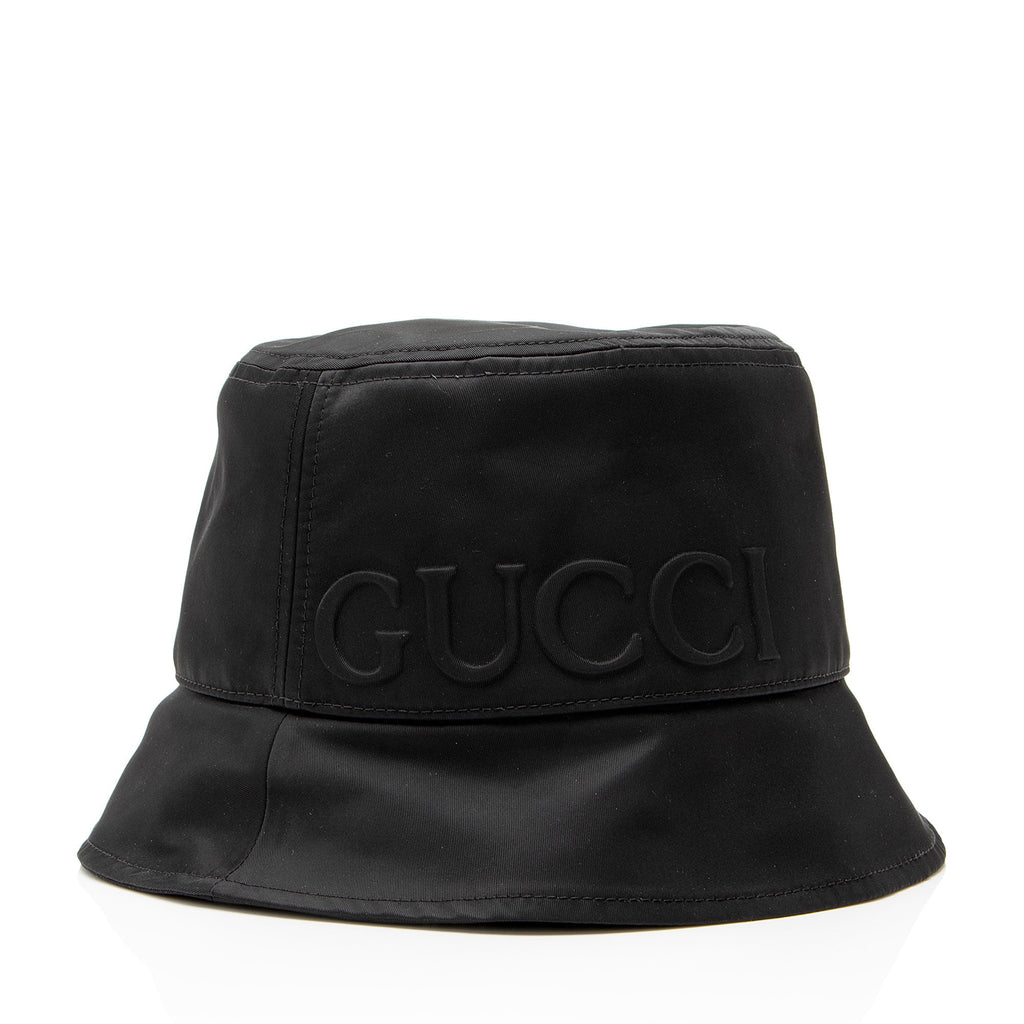 Gucci Nylon Embossed Logo Web Tab Bucket Hat - Size M