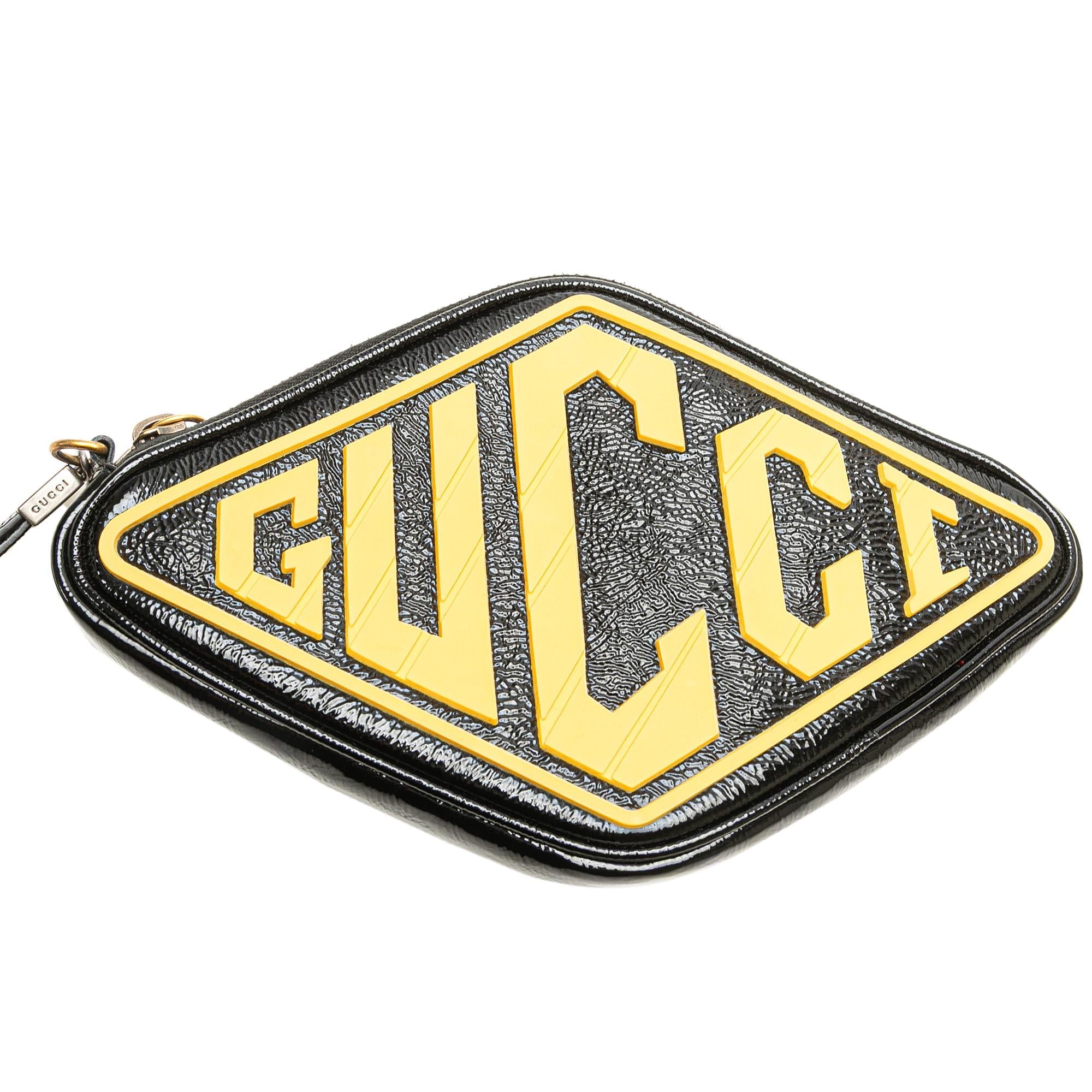 Gucci Patent and Rubber Game Patch Logo Wristlet Bag