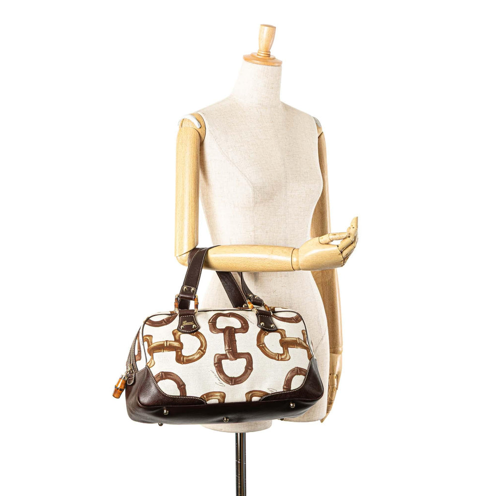 Gucci Printed Canvas Bamboo Horsebit Handbag