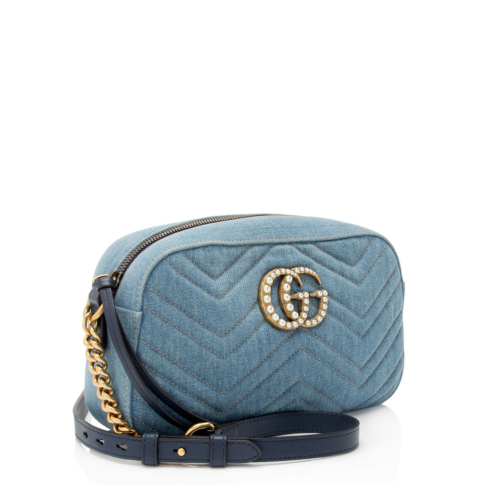 Gucci Matelasse Denim Pearl GG Marmont Small Camera Bag