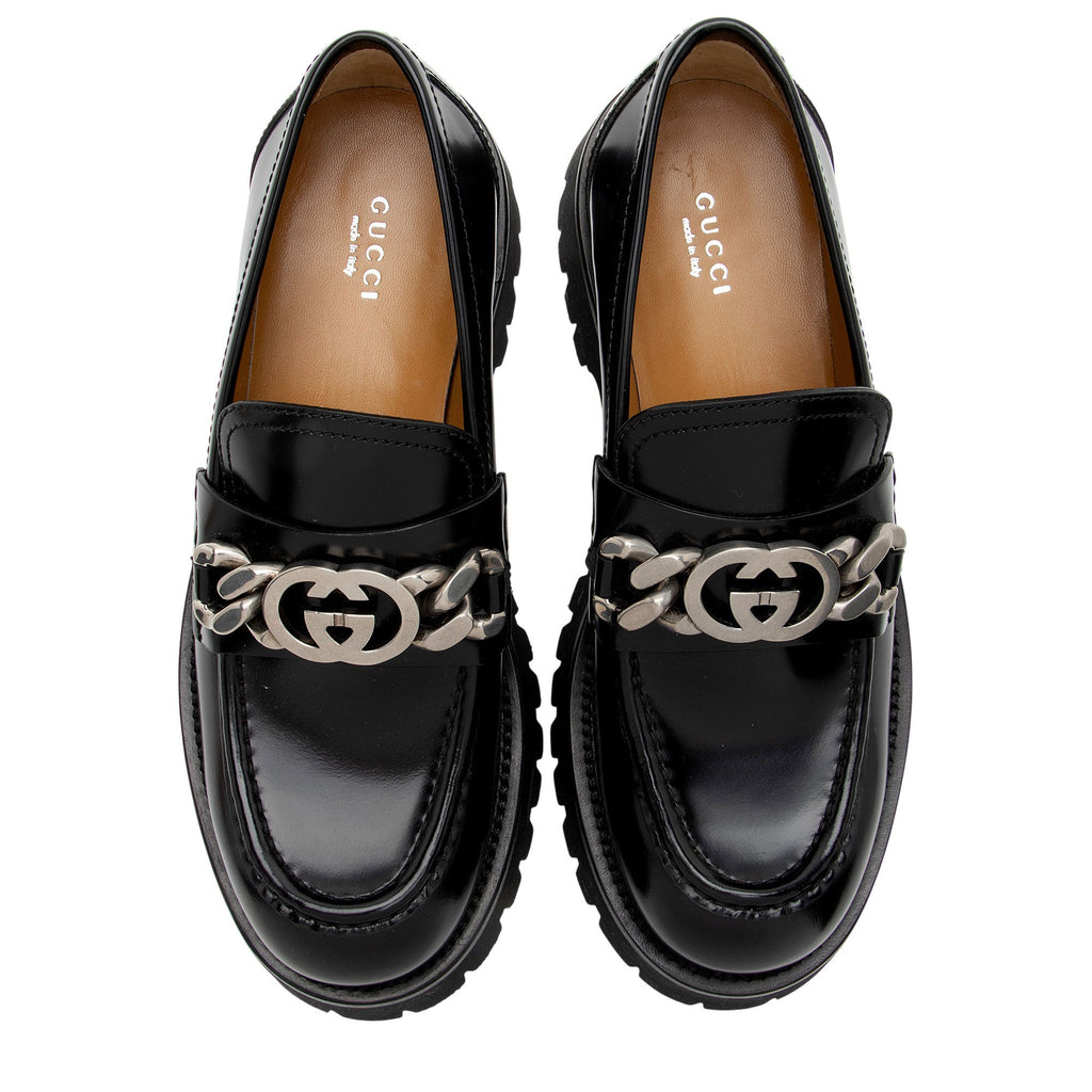 Gucci Shiny Calfskin Interlocking G Chain Loafers - Size 10 / 40
