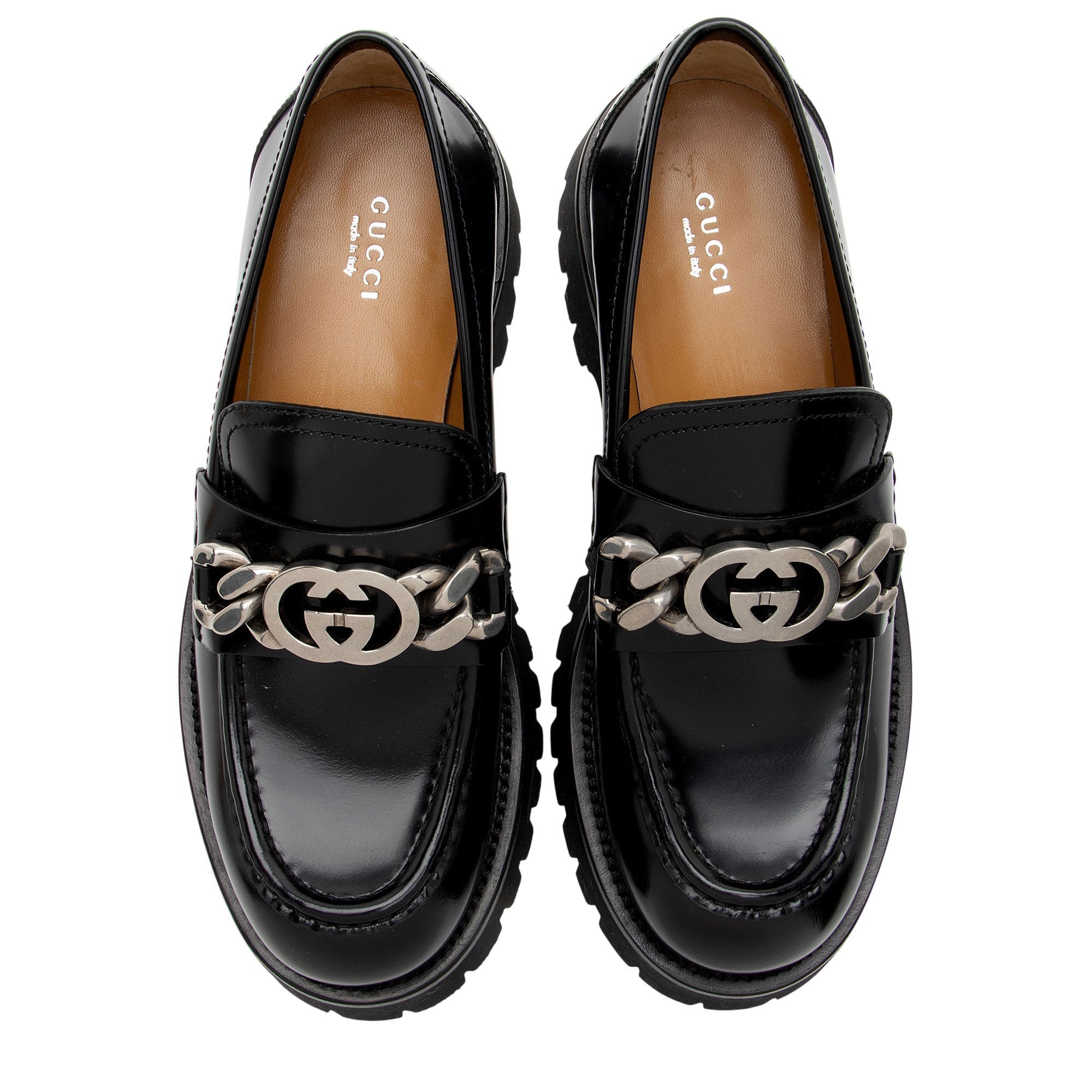 Gucci Shiny Calfskin Interlocking G Chain Loafers - Size 10 / 40