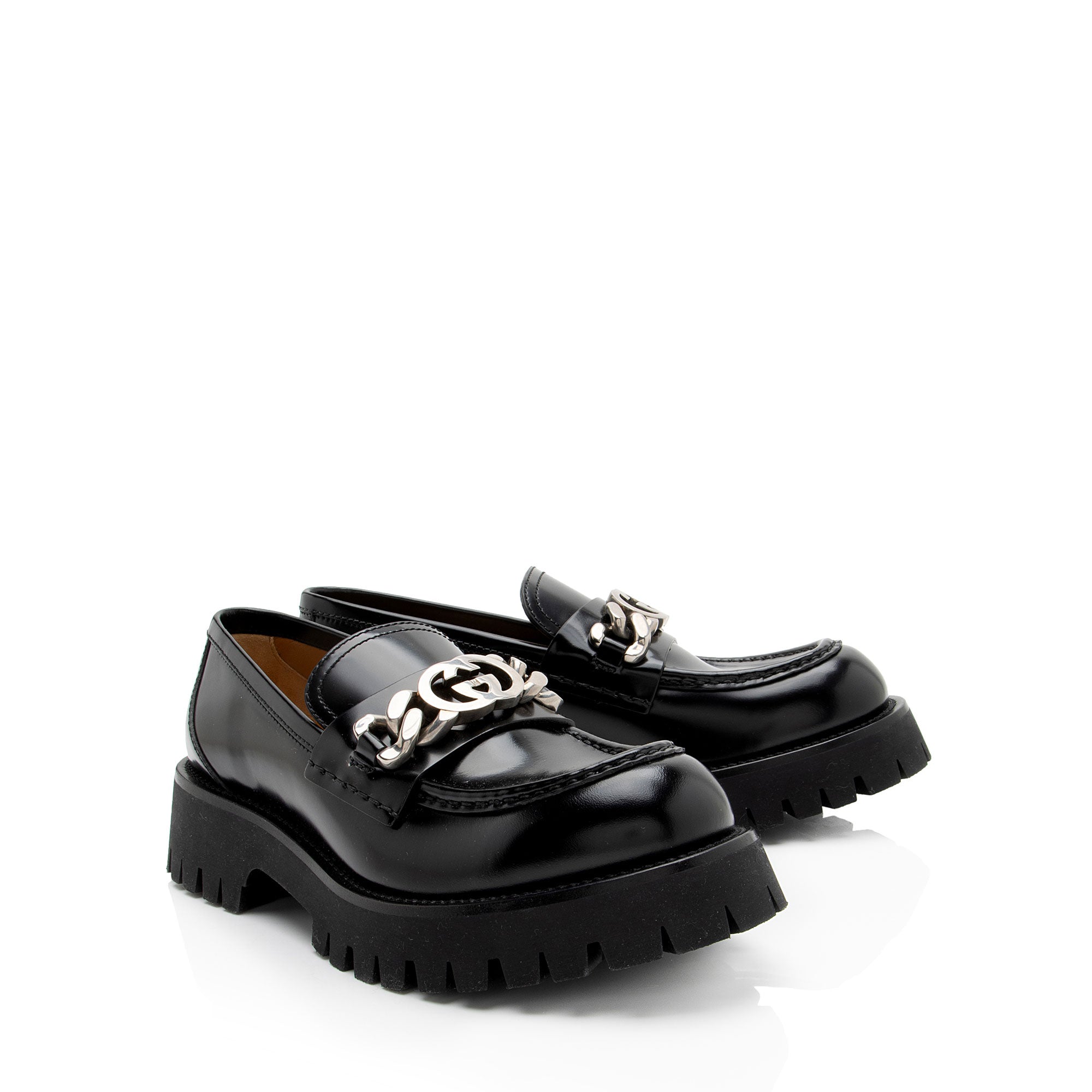 Gucci Shiny Calfskin Interlocking G Chain Loafers - Size 10 / 40
