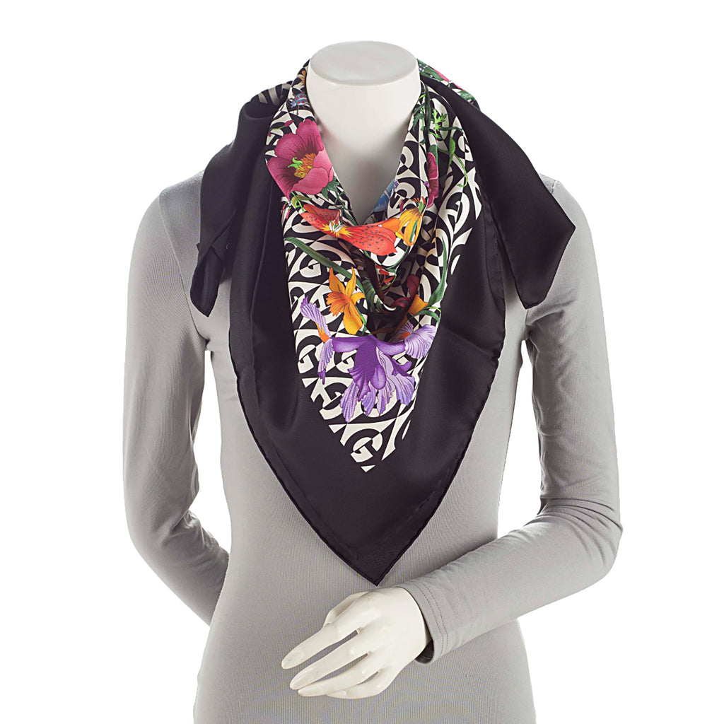 Gucci Silk Twill G Rhombus Flora 90cm Scarf (SHF-BPVhzv)