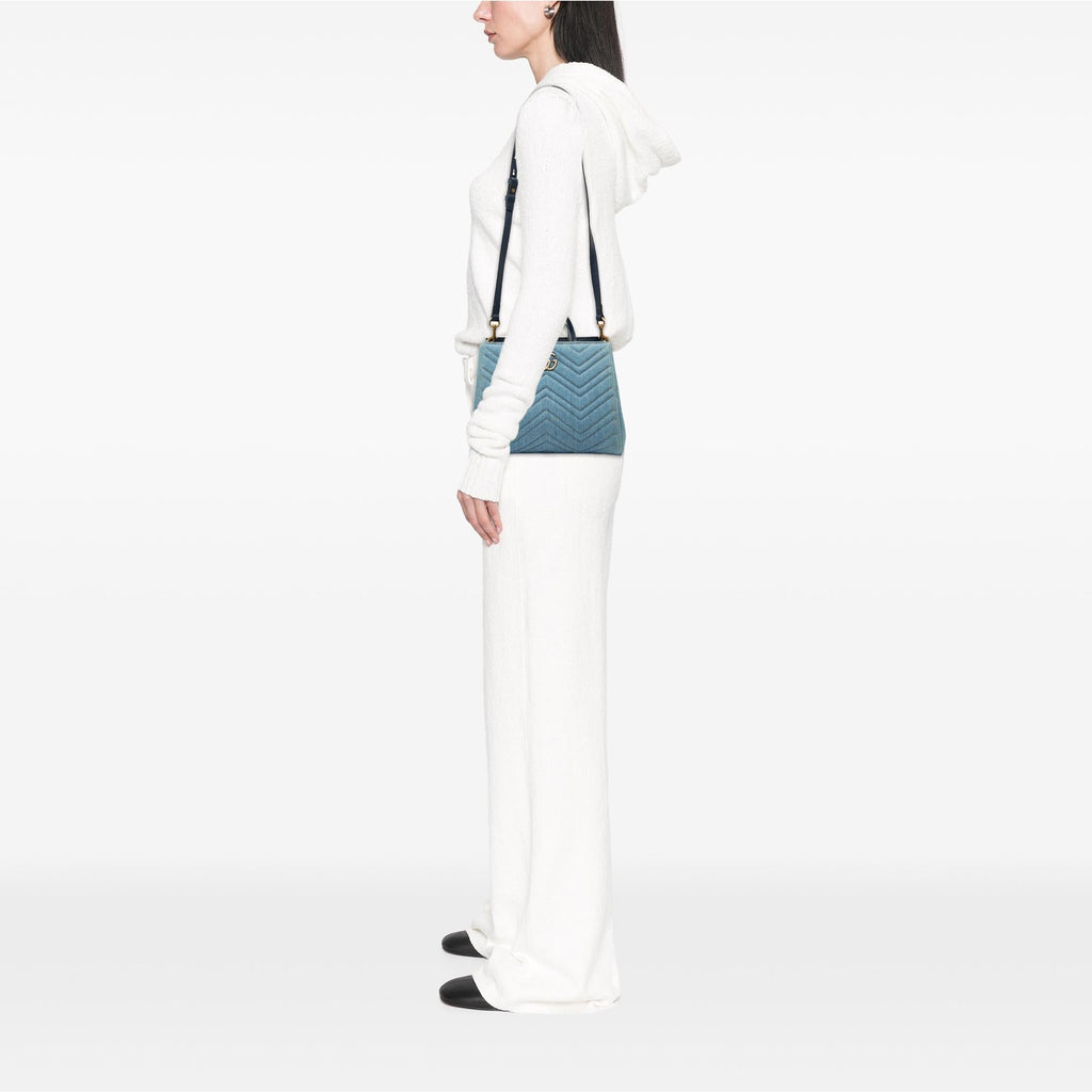Gucci Small GG Marmont Matelasse Denim Pearly Satchel