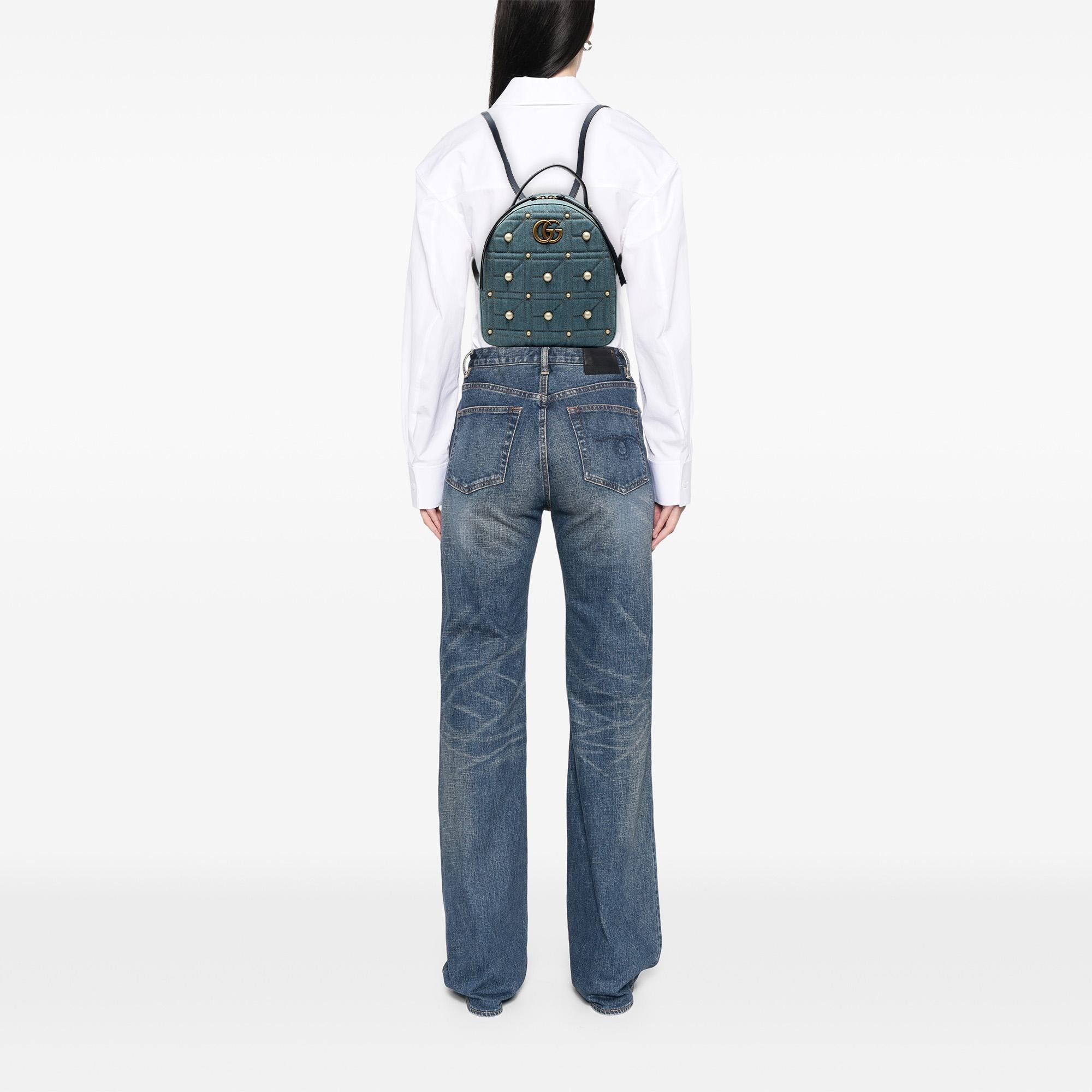 Gucci Small GG Marmont Pearl Studded Matelasse Denim Backpack