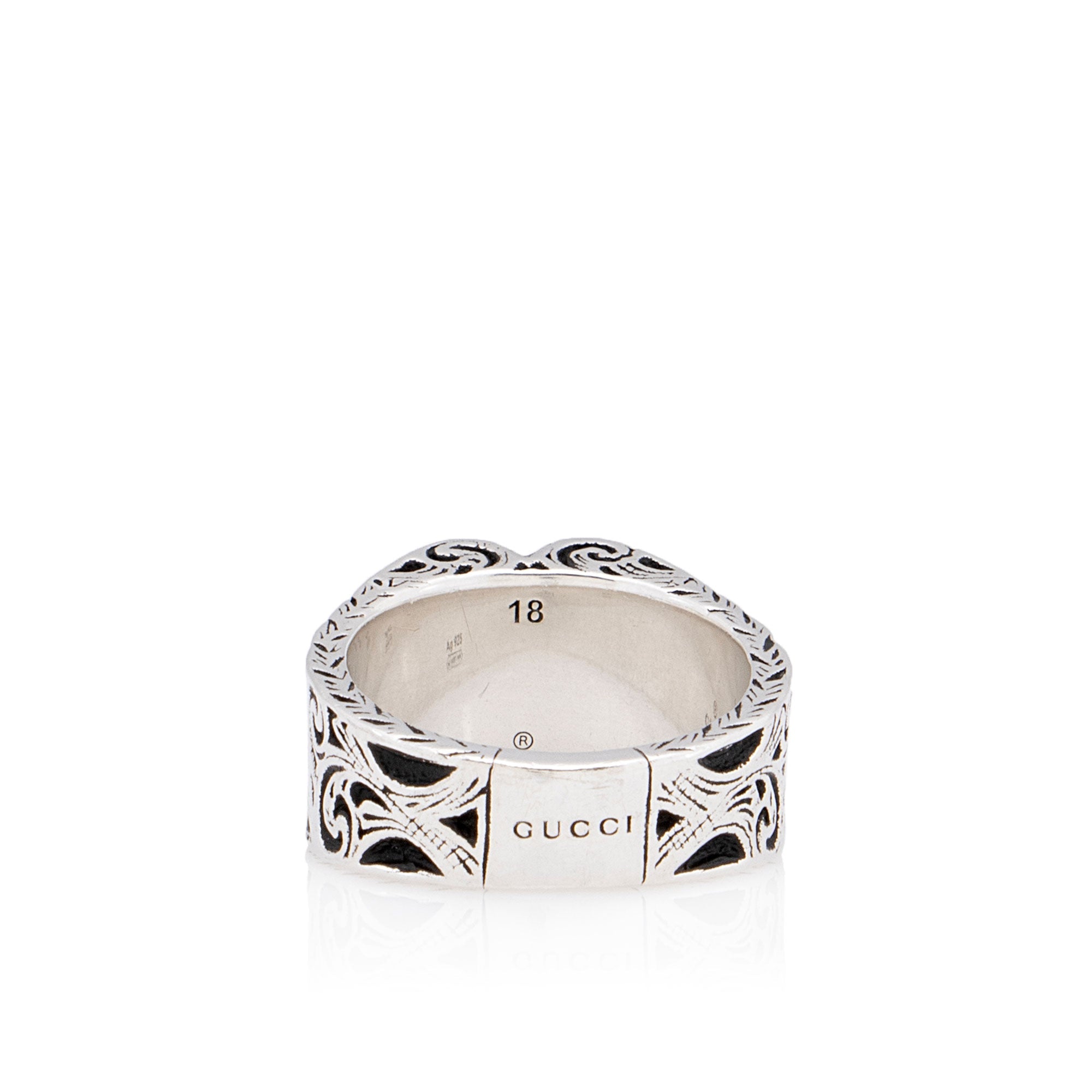 Gucci Sterling Silver Engraved Heart Ring - Size 8