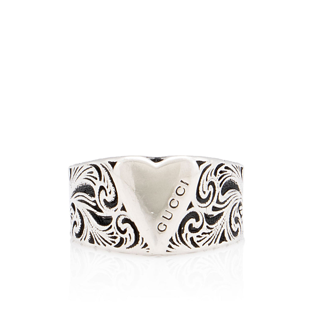 Gucci Sterling Silver Engraved Heart Ring - Size 8