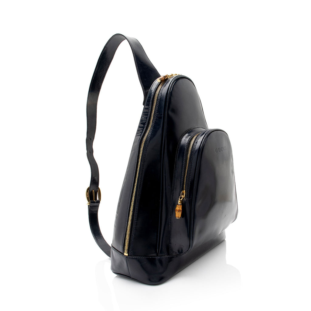 Gucci Vintage Patent Leather Bamboo Sling Backpack (SHF-dSK8BK)