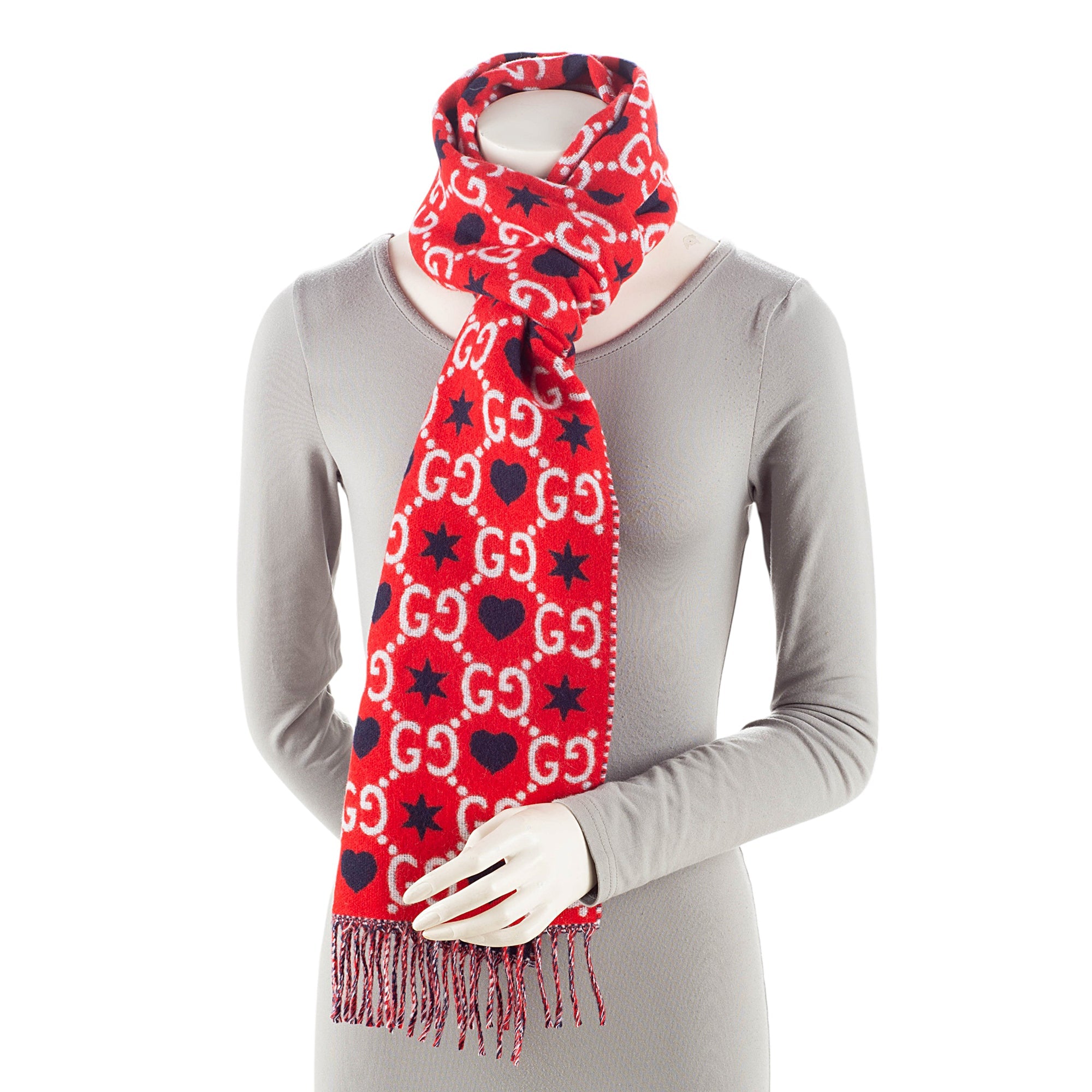 Gucci Wool Cotton GG Heart Stars Scarf