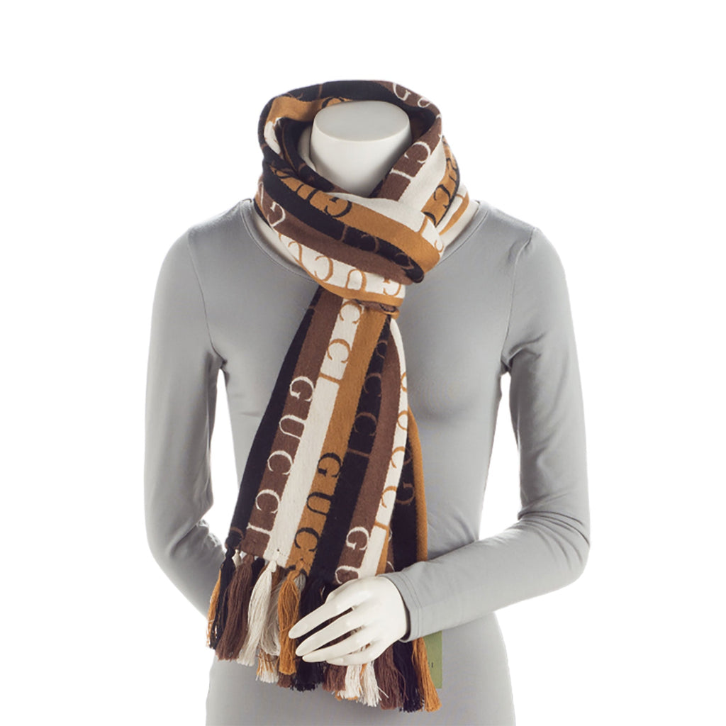 Gucci Wool Cotton Logo Wood Stripes Scarf (SHF-syWy5L)