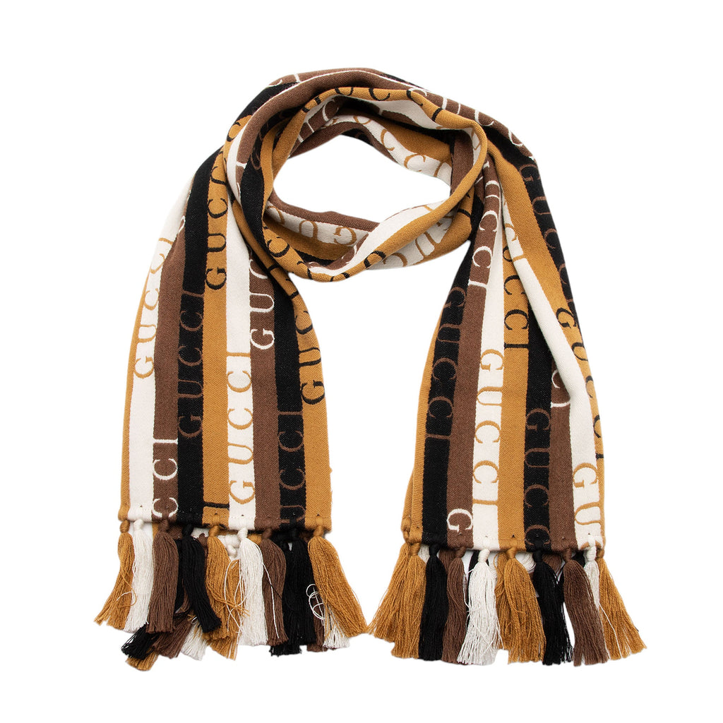 Gucci Wool Cotton Logo Wood Stripes Scarf (SHF-syWy5L)