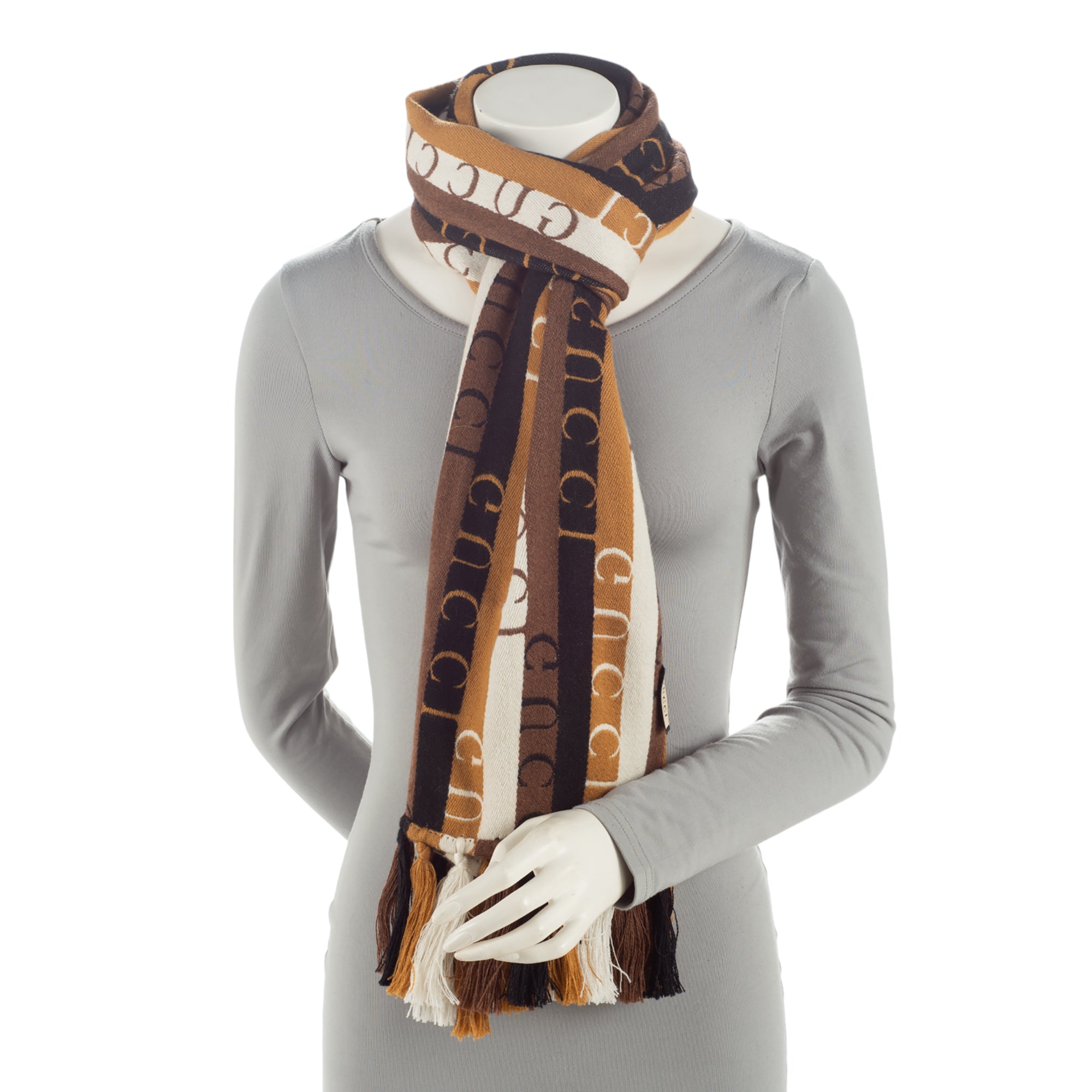 Gucci Wool Cotton Logo Wood Stripes Scarf (SHF-EYPQTE)