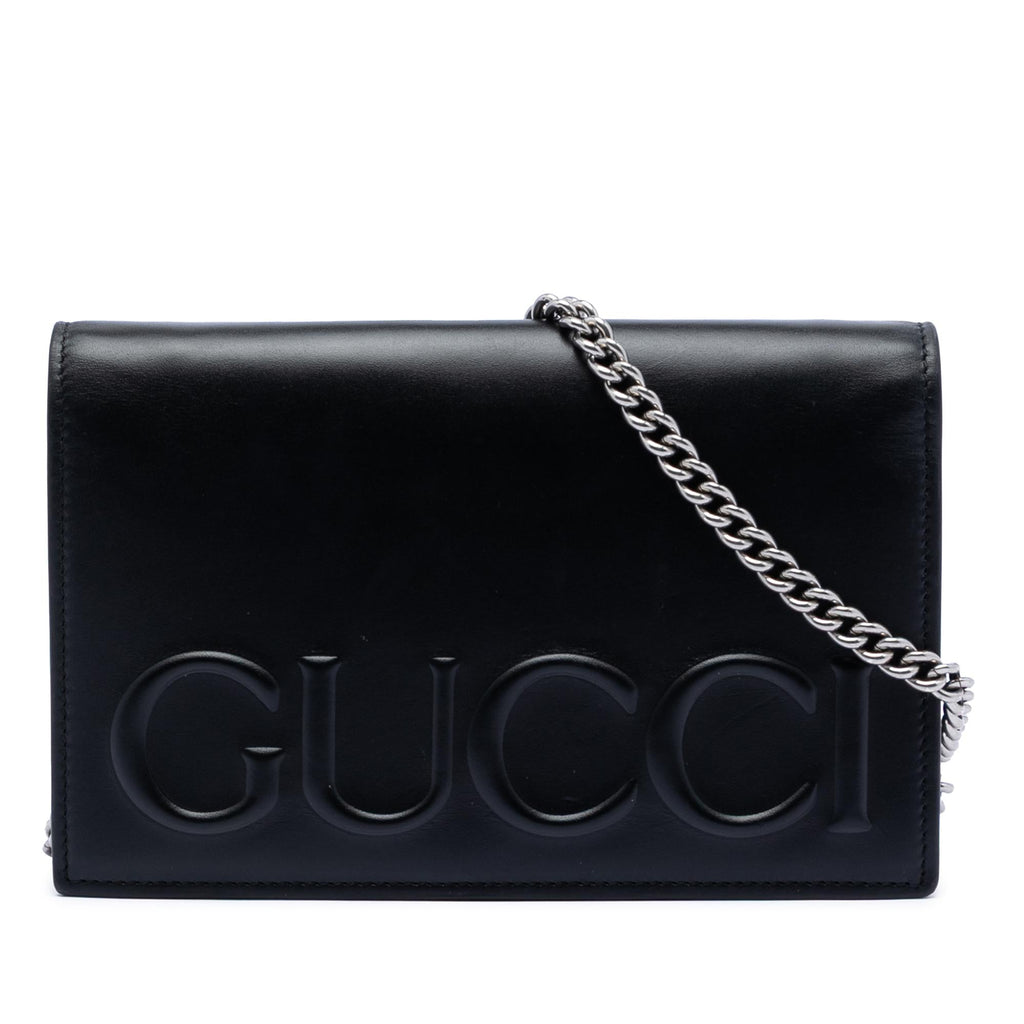 Gucci XL Leather Embossed Logo Wallet on Chain