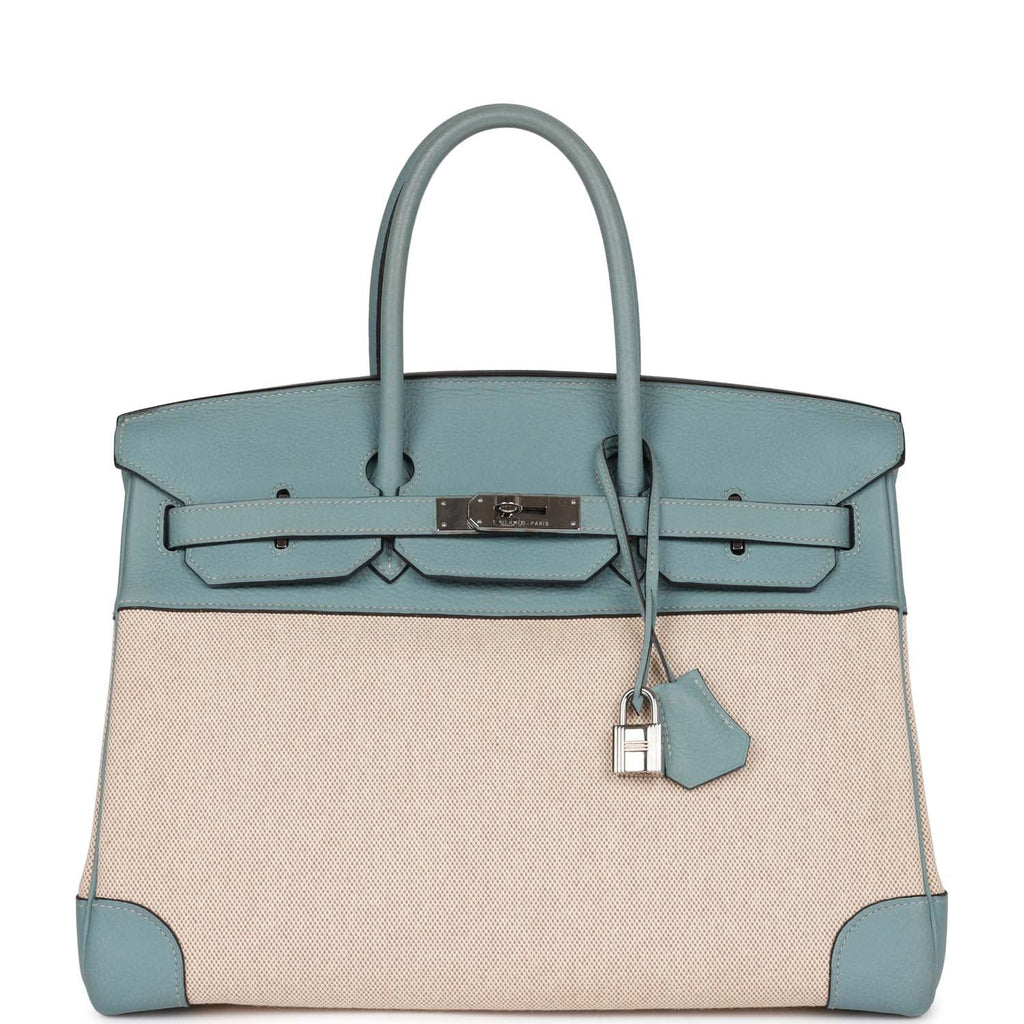 Hermes Birkin 35 Ciel Clemence and Ecru-Beige Toile H Palladium Hardware