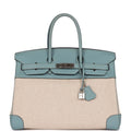 Hermes Birkin 35 Ciel Clemence and Ecru-Beige Toile H Palladium Hardware
