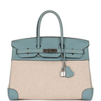 Hermes Birkin 35 Ciel Clemence and Ecru-Beige Toile H Palladium Hardware