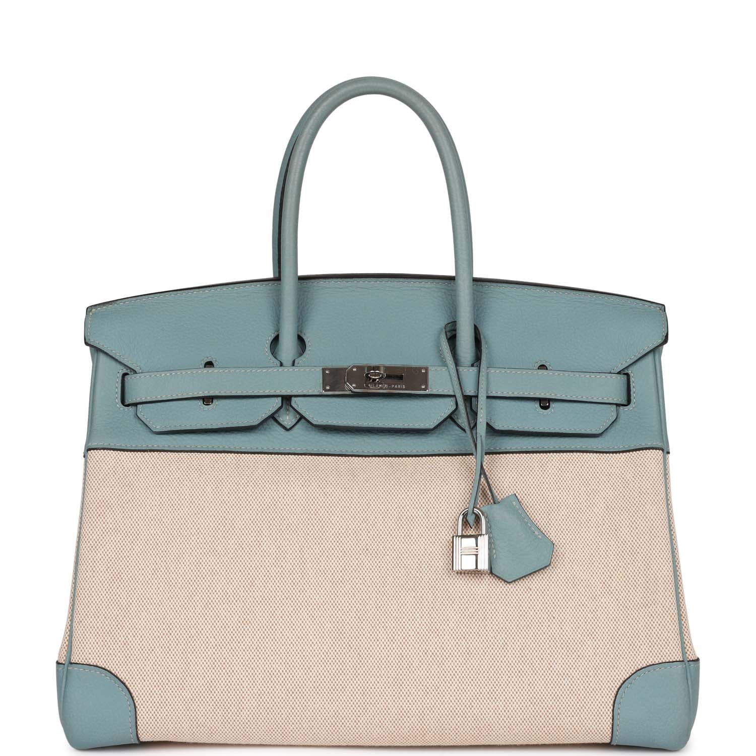 Hermes Birkin 35 Ciel Clemence and Ecru-Beige Toile H Palladium Hardware